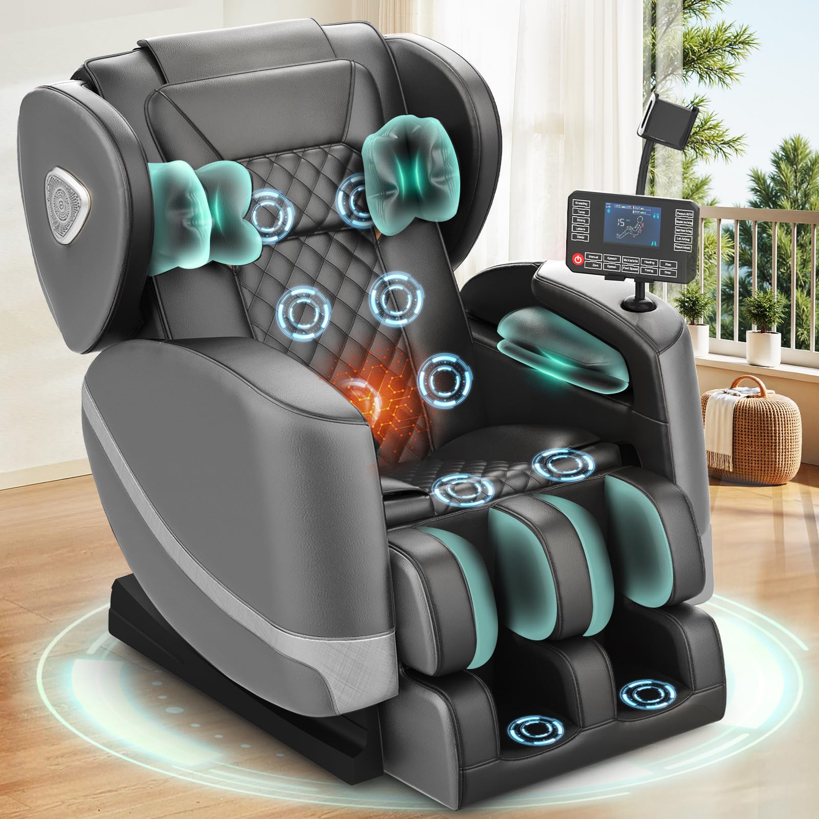 F FURNIMAT Massagesessel, Ganzkörper-Massagestuhl mit 14 Rollen, 8 Komfort-Luftkissen & Zero Gravity– Bluetooth Lautsprecher, Touchscreen, Handyhülter, Wärme für Lenden und Beine