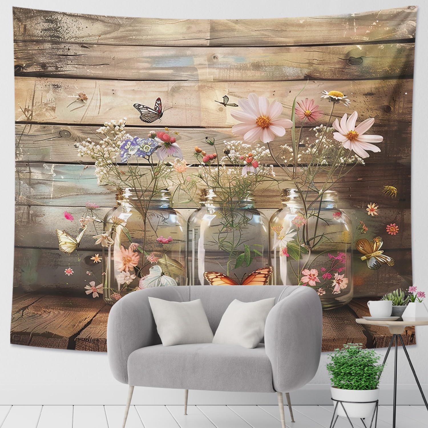 Butterfly Floral Tapestry, Pastel Spring Flowers And Insects Wall Hanging, Rustic Farmhouse Style Home Decor, Ideal For Living Room Bedroom 60x80 Inch