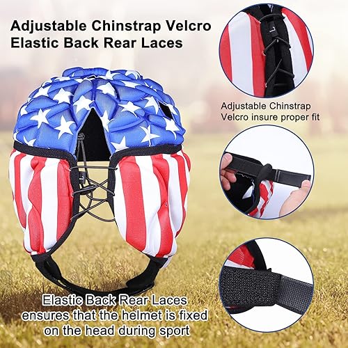 Miniatura 3 de TUOYR Casco suave de rugby con bandera de fútbol 7 en 7, protector de cabeza acolchado ajustable, protector de cabeza de portero de fútbol,