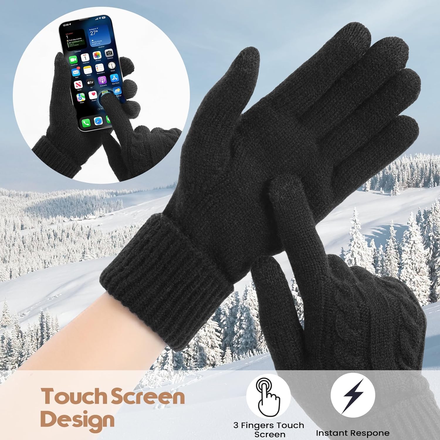 Pleneal Winter Gloves for Women Cold Weather - Womens Gloves Warm Touch Screen Fleece Lined Elastic Cuff Knit Glove 2 Pairs - Image 4