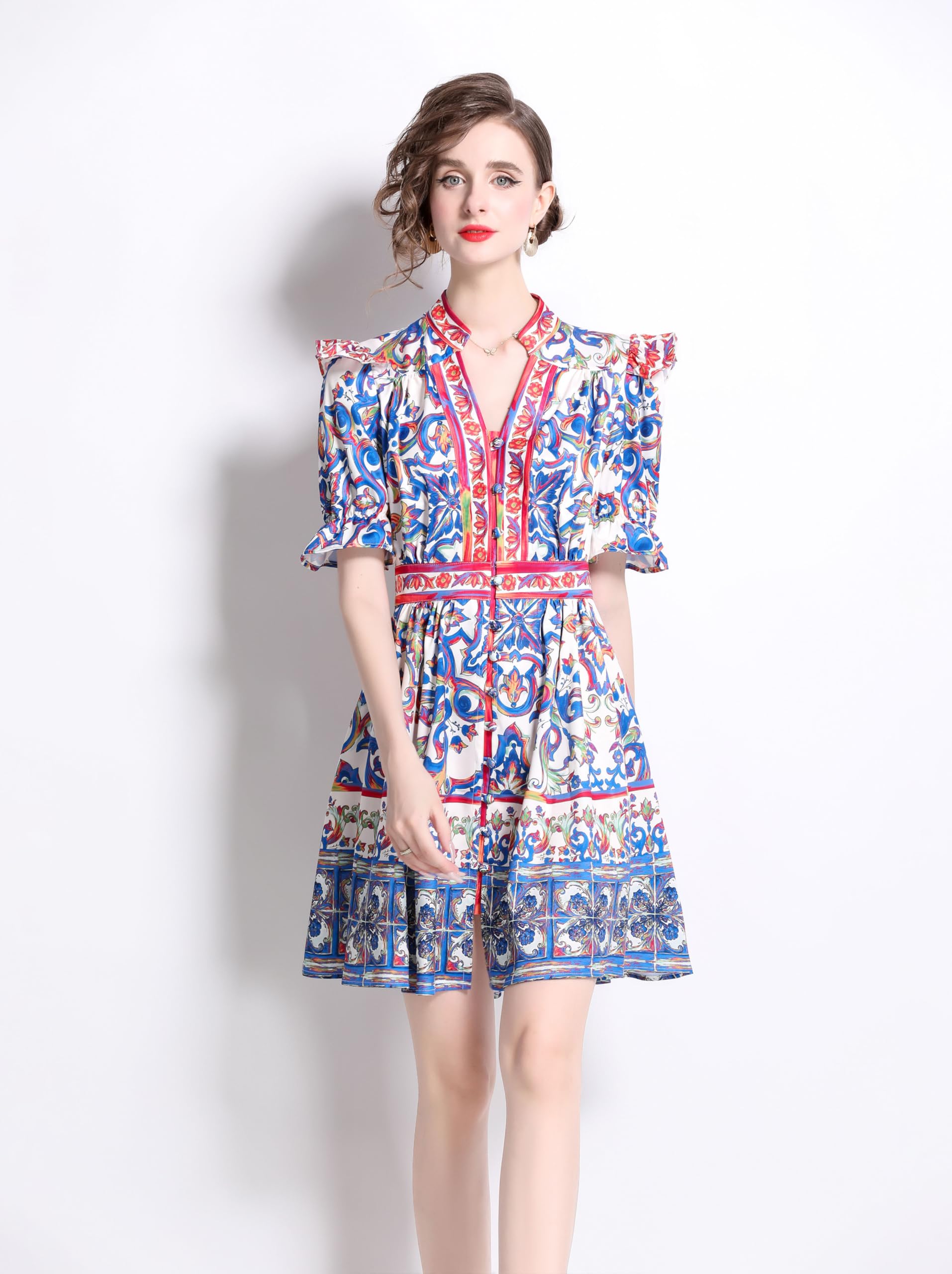 LAI MENG FIVE CATS Vestido corto para mujer, con estampado floral, manga farol, volantes, casual, con botones, cinturón, ajuste holgado