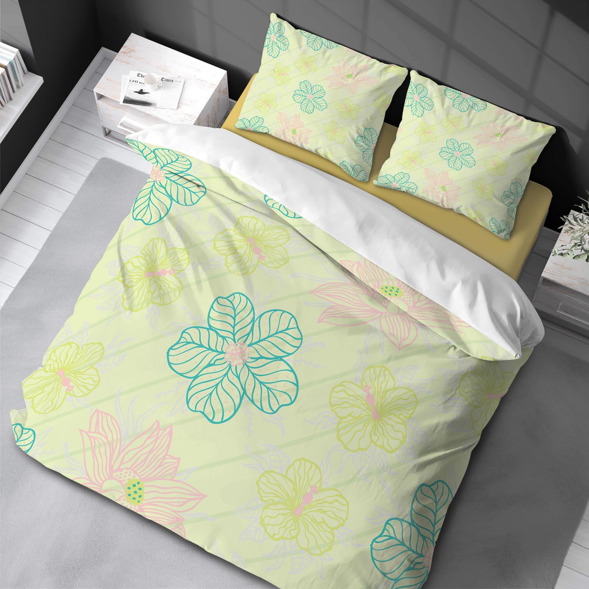 Housse de couette fleur de lotus 220x240 parure de lit aquarelle 3 pièces douce chambre