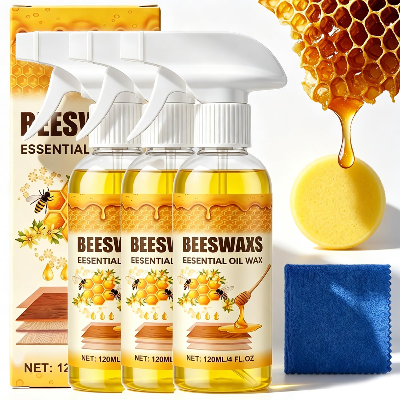 Spray de Cera de Abejas para Madera, Limpiador y Pulidor Natural 3 en 1 de Muebles, Reparador Antirrayaduras Nutritivo, Abrillantador No Graso para Suelos, Mesas y Puertas (3Pcs-120ml)