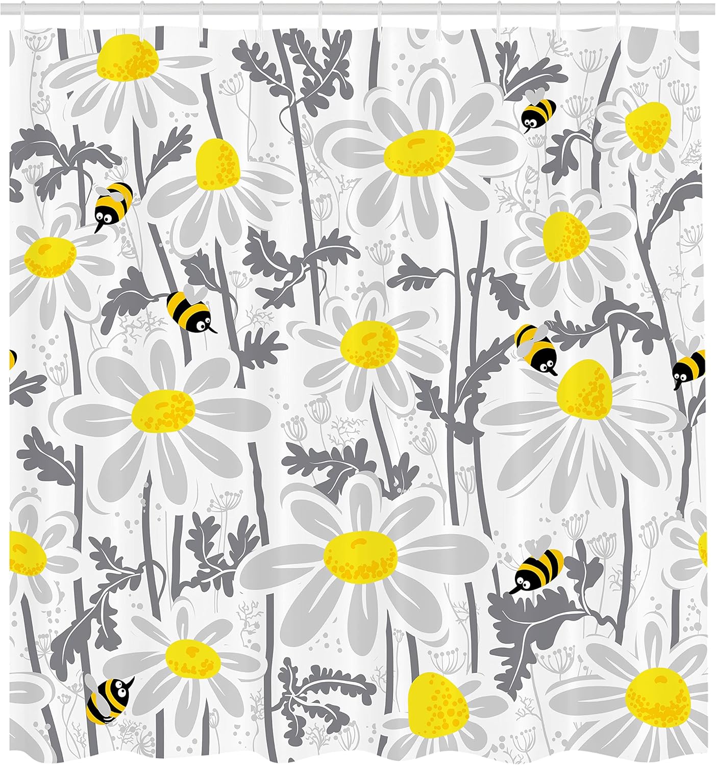 Ambesonne Grey Shower Curtain, Daisy Flowers Bees in Spring Time Honey Petals Floret Nature Purity Blooming, Cloth Fabric Bathroom Decor Set with Hooks, 69" W x 84" L, Yellow White