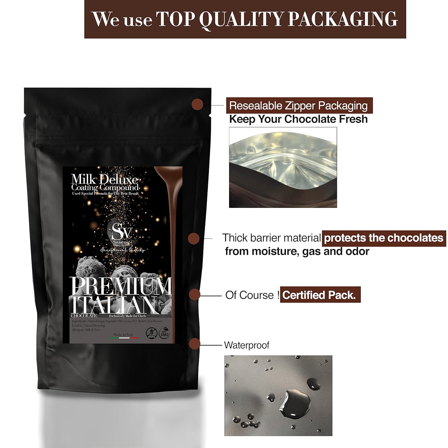 Premium Italian Melting Chocolate Candy Melts 2 Lbs | Only 5 Natural Ingredients | GMO and Gluten Free | Milk DeLuxe Compound Choco | Milk Chocolate Wafers | Resealable Pack | Perfect for Chocolate Fountain Fondue Baking Dipping