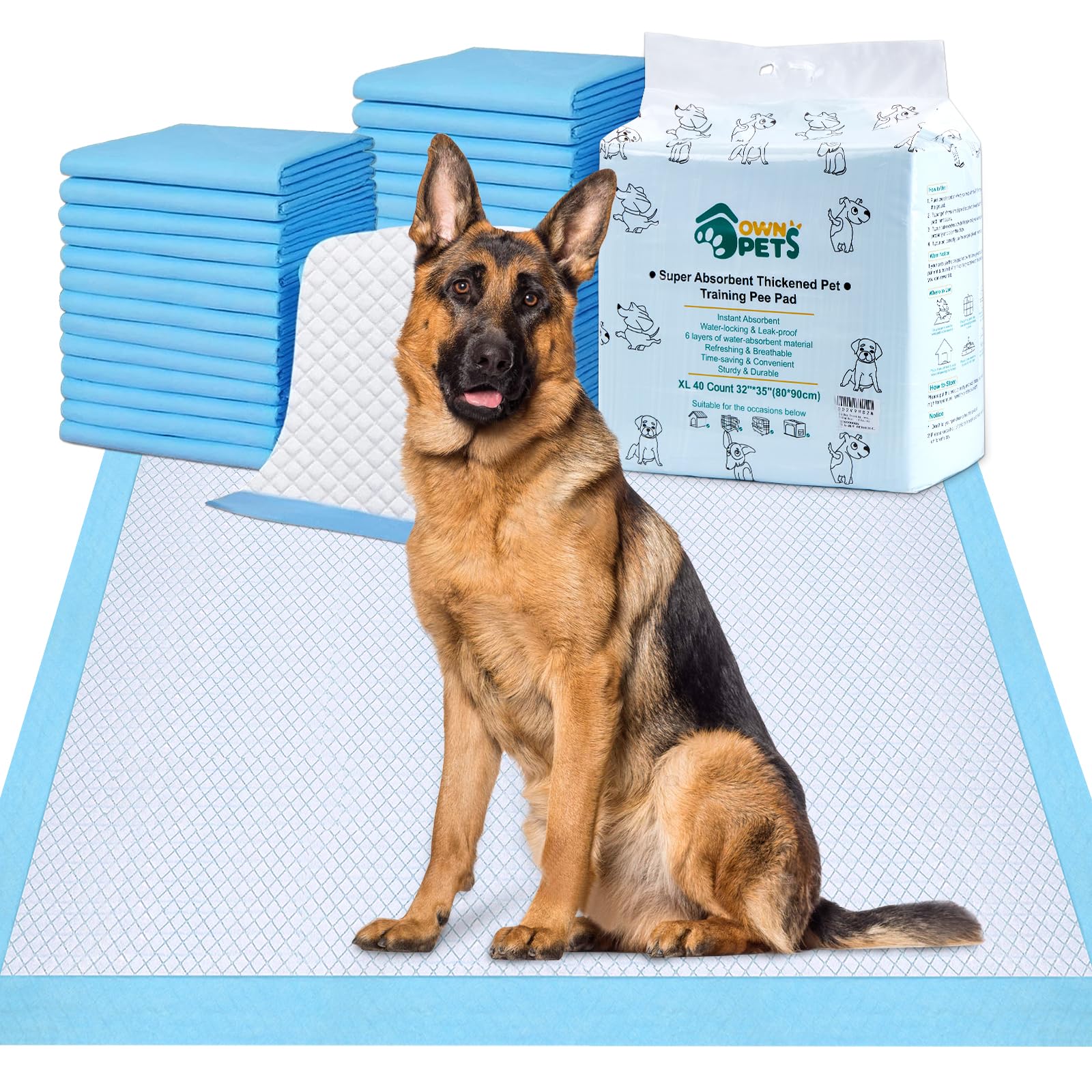 Ownpets Tapis de dressage pour chien, 90 x 80 cm, lot de 40 tapis anti-fuite à 6 couches avec surface à séchage rapide pour animaux domestiques, chiots, adultes, chiens malades et vieillissants