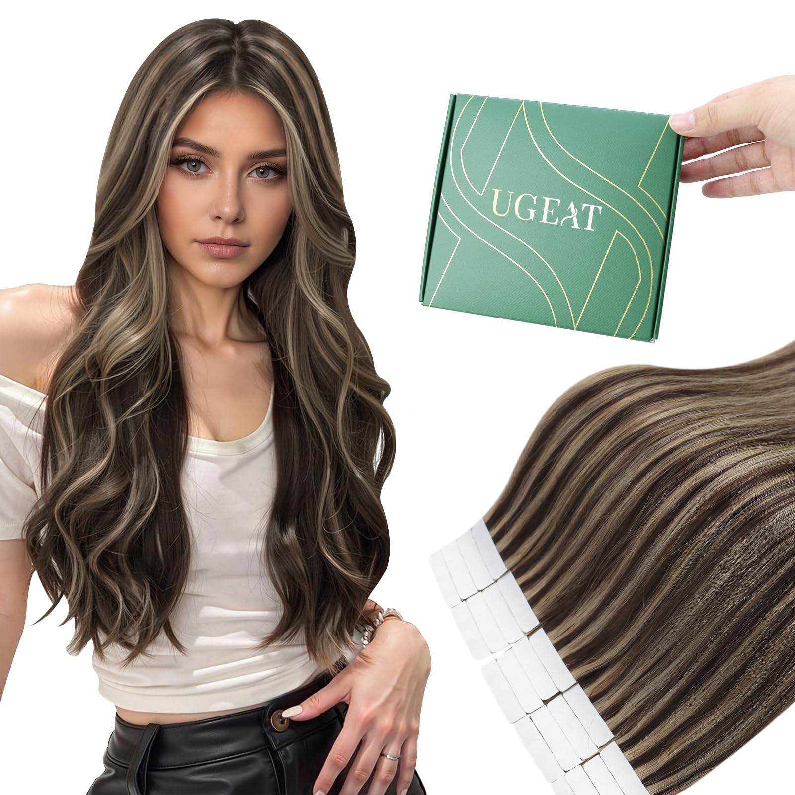 Ugeat Przedłużki do włosów z prawdziwych włosów, karmelowy blond, 35 cm, brązowe, blond, niewidoczne taśmy, przedłużenie włosów dla kobiet, 20 sztuk, 40 g, P4/27
