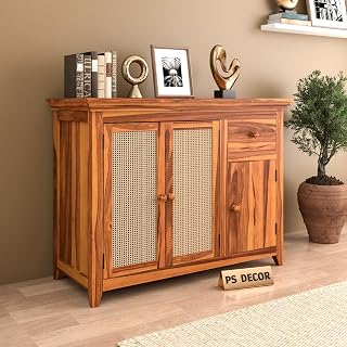 PS DECOR Solid Sheesham Wood Sideboard Cabinet with Rattan Cane Doors & Storage Drawer | Multipurpose Storage Unit for Living Room & Dining Area (B-Natural Finish)