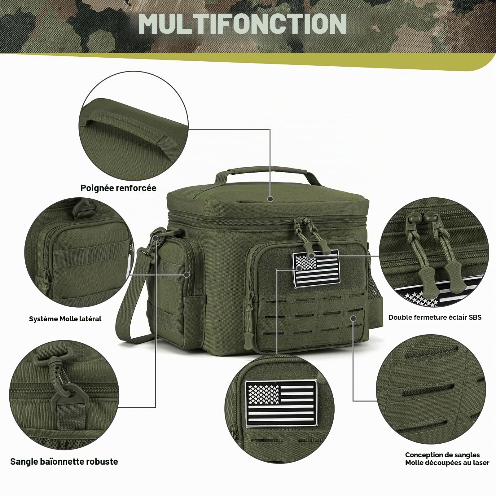 QT&QY Sac Repas Tactique 13L Militaire Renforcé - Glacière Isotherme Étanche Durable avec Système MOLLE Découpe Laser, pour Bureau/Camping/Pique-nique - Boîte Repas Adulte Hommes