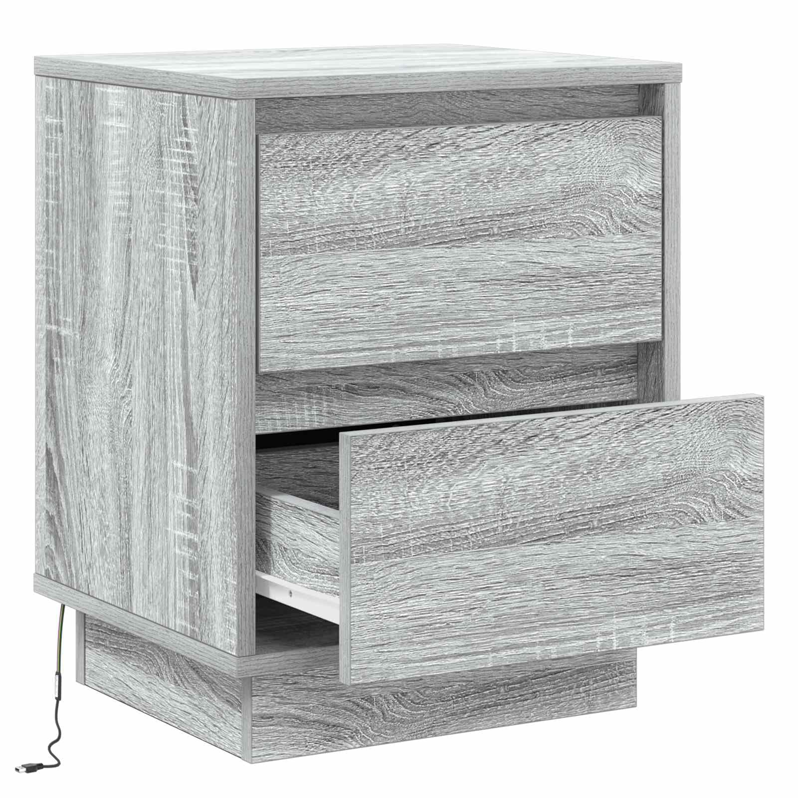 Grau Nachttisch aus Holzwerkstoff mit 2 Schubladen, USB Anschluss und LED Licht, 39 x 34,5 x 50 cm, für Schlafzimmer, Wohnzimmer, Flur, modern und platzsparend