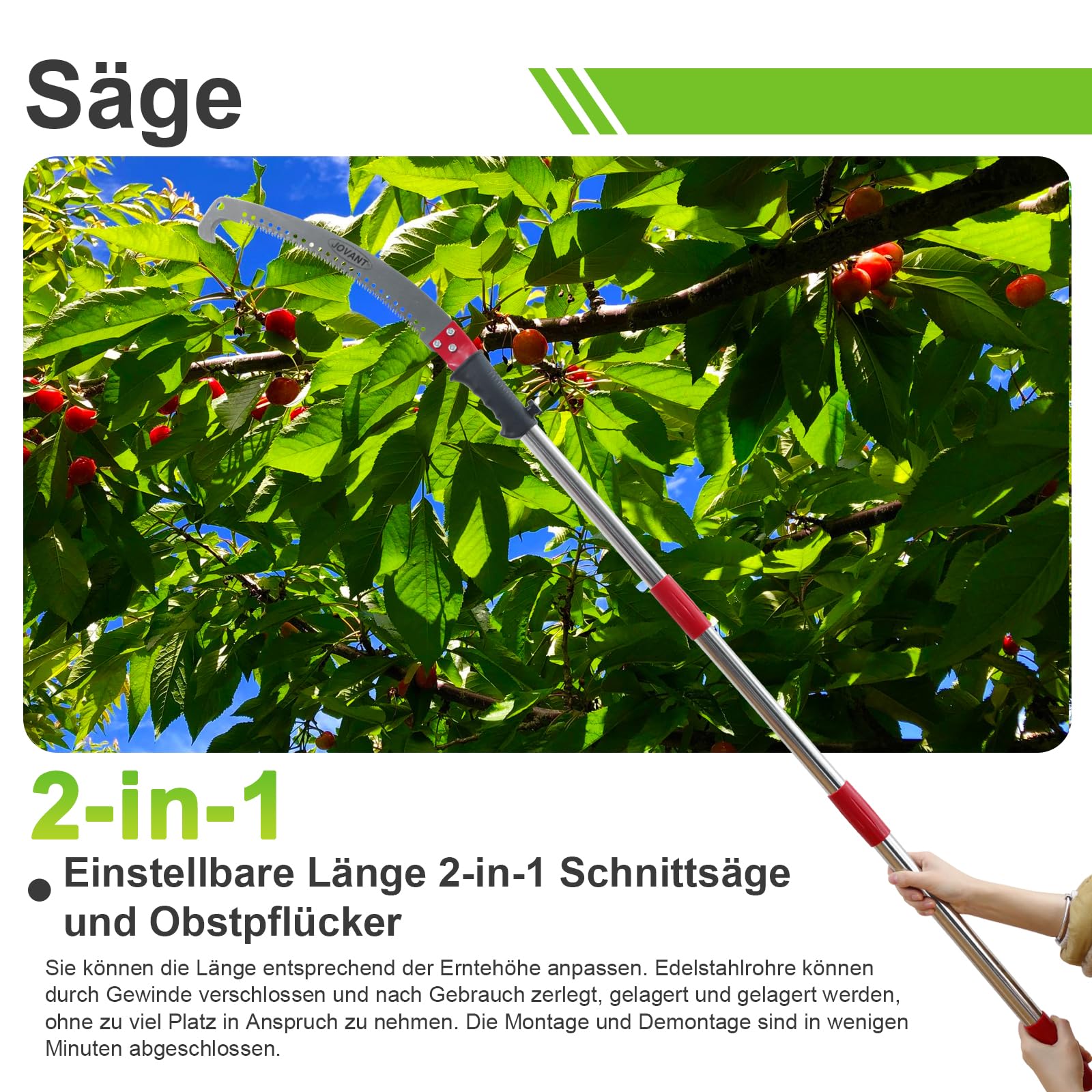 Sierra de poda con mango de 4 m, sierra telescópica, longitud ajustable 3 en 1 sierra de mano telescópica, y recolector de frutas para cortar ramas altas y recoger frutas, conjunto de herramientas
