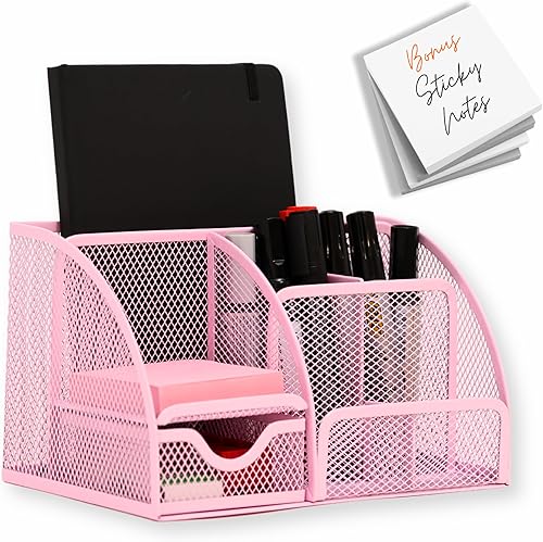 Miniatura 10 de Organizador de escritorio de malla, accesorios de oficina con notas adhesivas, 6 compartimentos y cajón, soporte para bolígrafo para el hogar