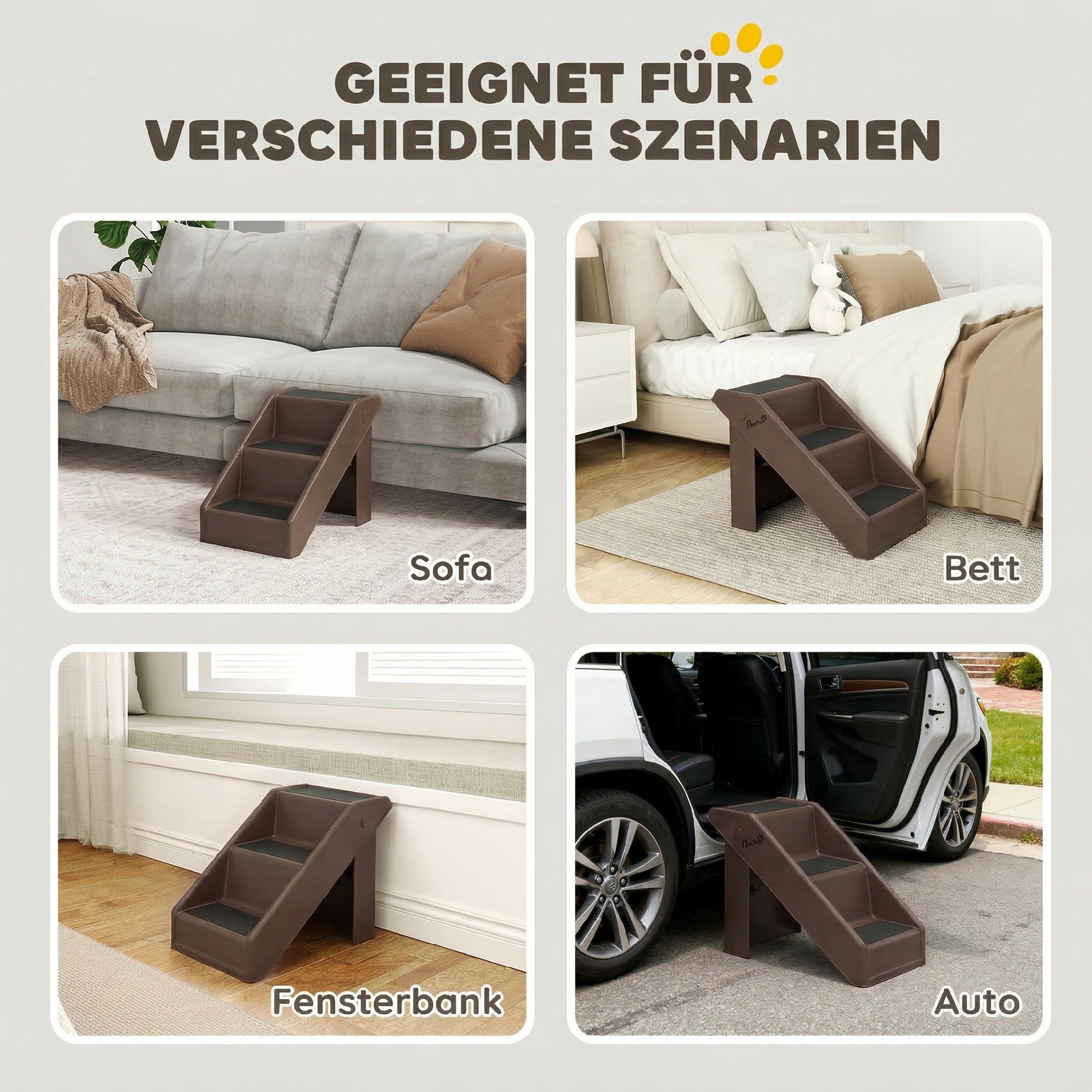PawHut Hundetreppe 3 Stufen 36,5 cm Hoch Haustiertreppe für Kleine Hunde klappbar Katzentreppe Hunderampe Einstiegshilfe für Bett, Sofa, Couch und Auto Braun