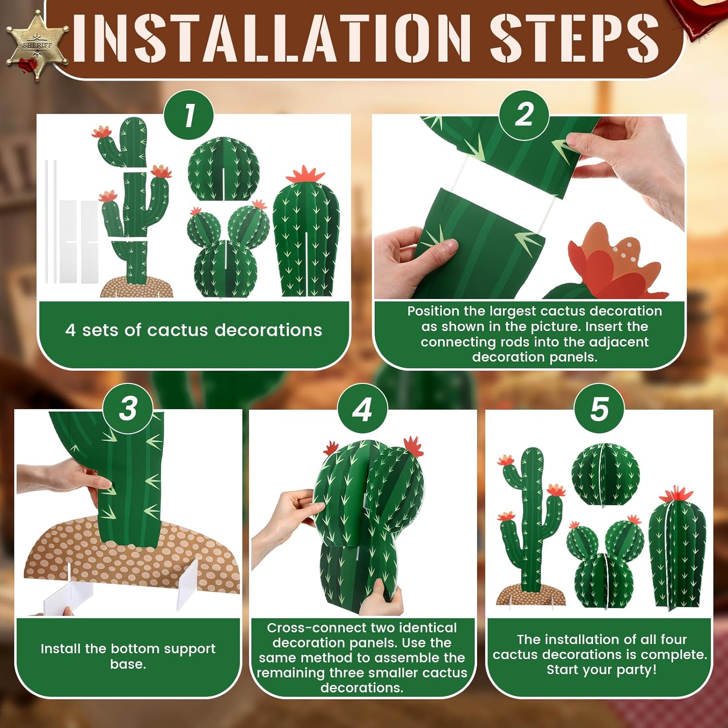 AceOrbit 4 Set Green Cactus Cutouts Jointed Cardboard 3D Cactus Cardboard Cutouts Decorations for Mexican Fiesta Western Cowboy Theme Party Cinco De Mayo Prop Hawaiian Pool Party Desert