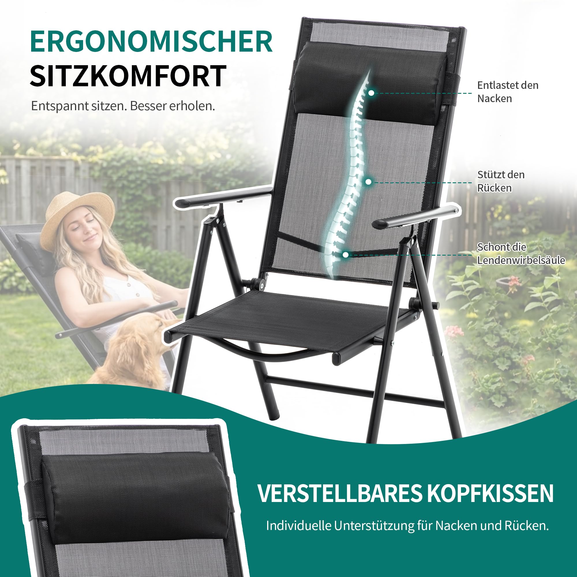 Thanaddo Gartenstuhl Hochlehner 2er Set Klappbar Gartenstühle mit Kopfkisssen, 130 KG Belastbar, Metall Campingstuhl Balkonstuhl Wetterfest für Garten, Terrasse, Balkon und Camping, Schwarz