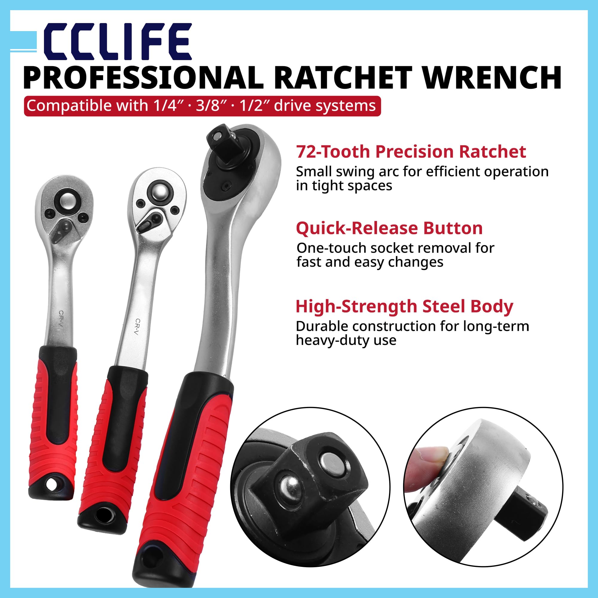 CCLIFE Zestaw kluczy nasadowych 171-częściowy – 1/4" 3/8" 1/2" skrzynka z grzechotką 72-zębową, zestaw kluczy nasadowych ze stali CrV – do samochodu, motocykla, warsztatu i majsterkowiczów