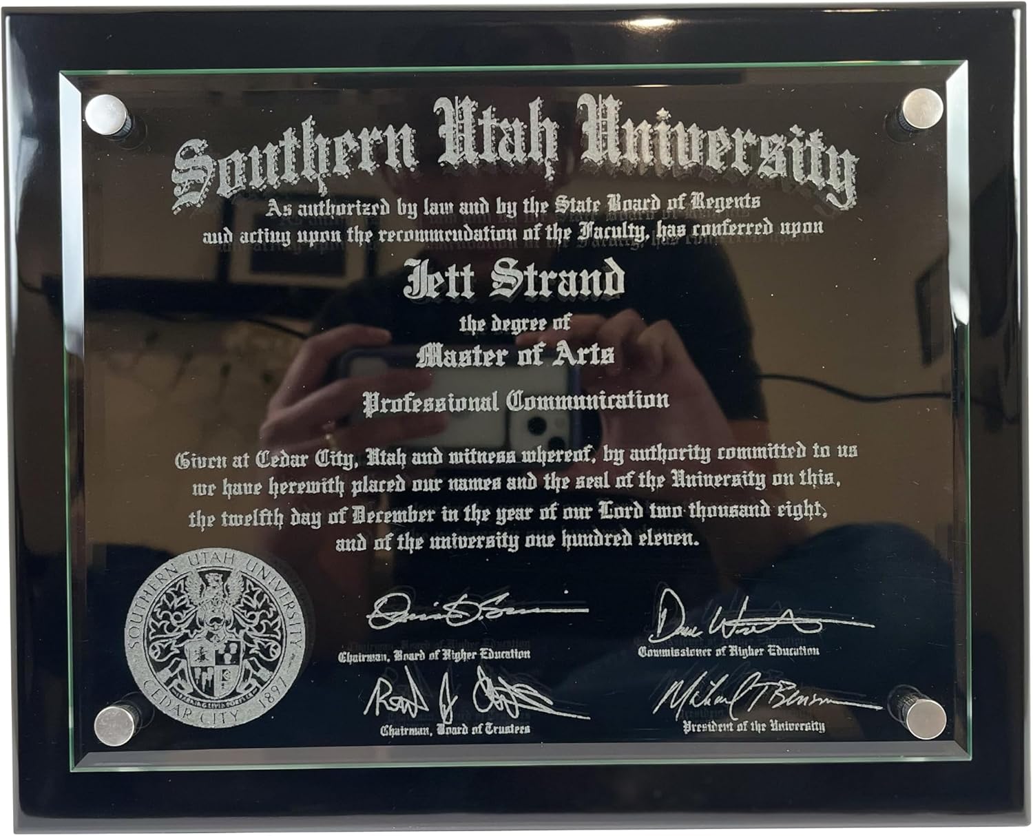 Floating Glass Diploma/Certificate Frame, Engraved College Degree Frame, Custom Diploma Plaque, 10.5x13 inch Plaque, Can Fit Any Size of Diploma (Black Piano Finish Floating Glass)