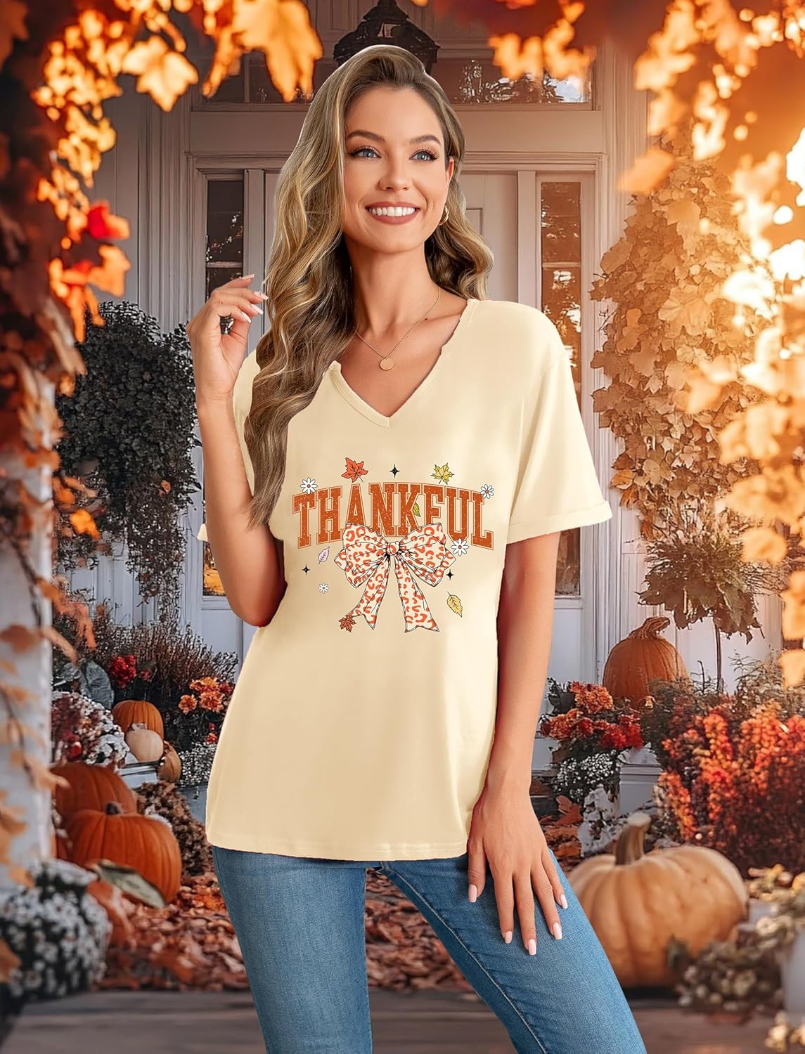 Thanksgiving Shirts for Women V Neck Thankful Shirt Pumpkin Graphic Tshirt Fall Gifts Short Sleeve Tee Tops - Image 6