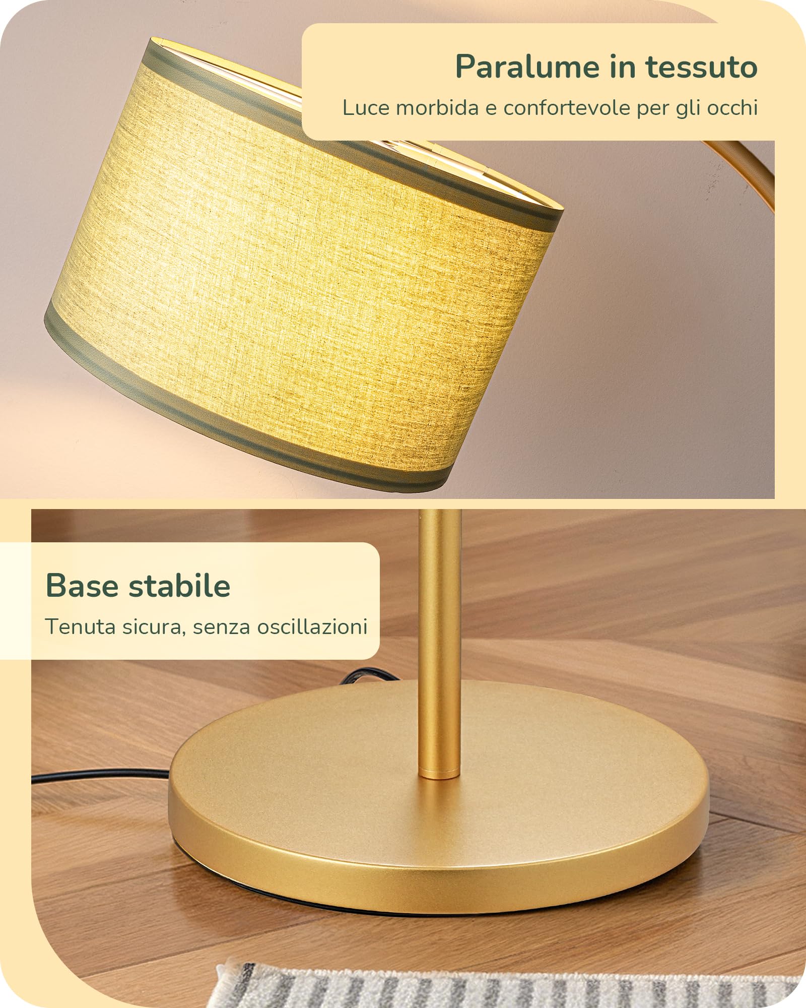 EDISHINE Lampada da Terra Soggiorno, Testa Orientabile, Verde Salvia & Oro | Struttura in Metallo & Paralume in Tessuto, Attacco E27, Lampadina LED 2700K Bianco Caldo Inclusa, per Camera da Letto