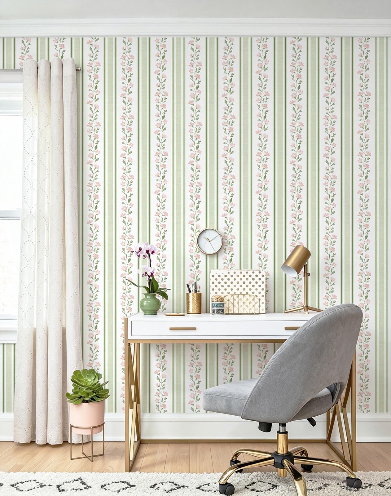 Samoprzylepna folia do mebli, tapeta kwiatowa, 44 x 1000 cm, zielona w paski, tapeta samoprzylepna w stylu boho, do mebli, kuchni, pralni, samoprzylepna, wzmocniona, ulepszona jakość