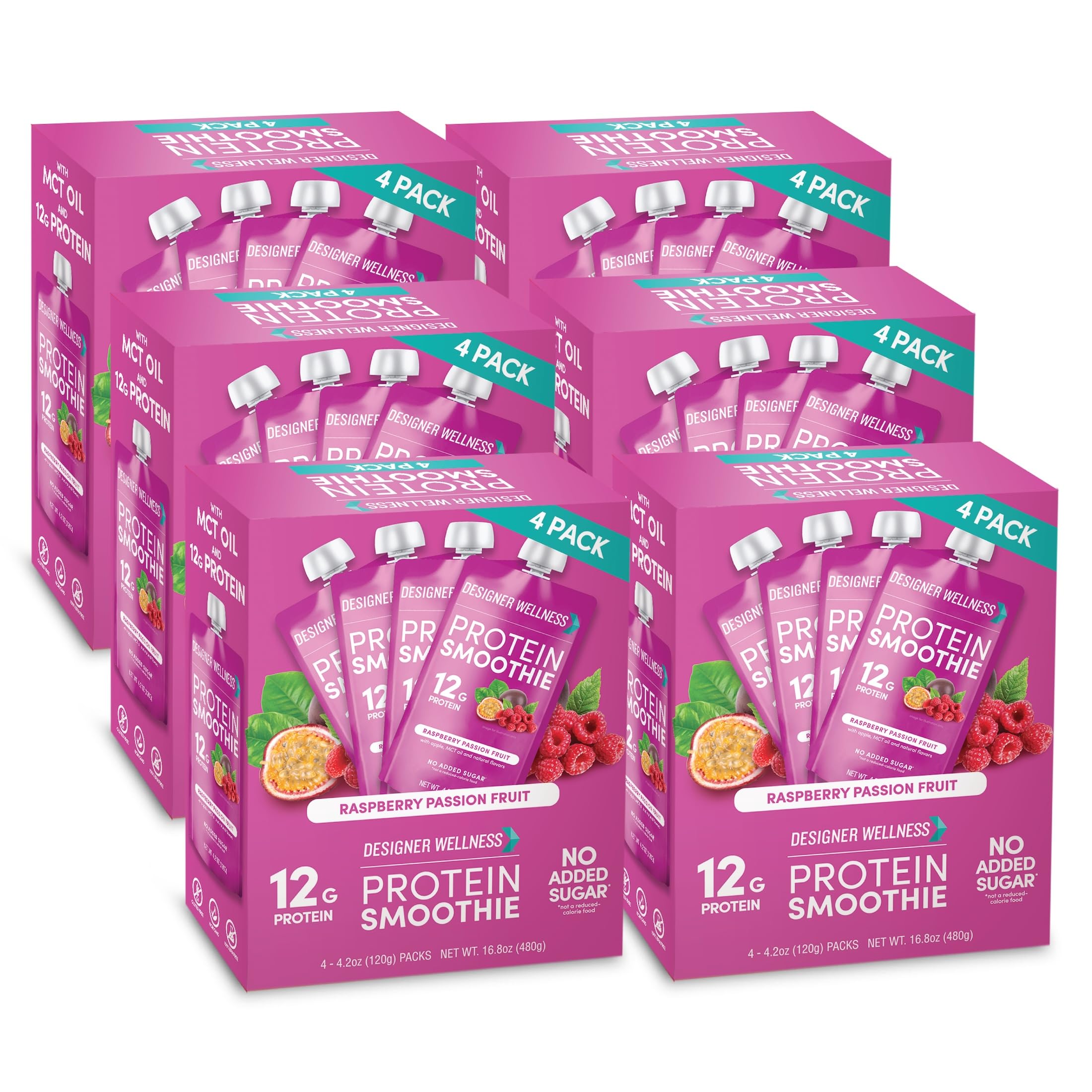 Designer Wellness Protein Smoothie, Real Fruit, 12g Protein, Low Carb, Zero Added Sugar, Gluten-Free, Non-GMO, No Artificial Colors or Flavors, Raspberry Passion Fruit, 24 Count