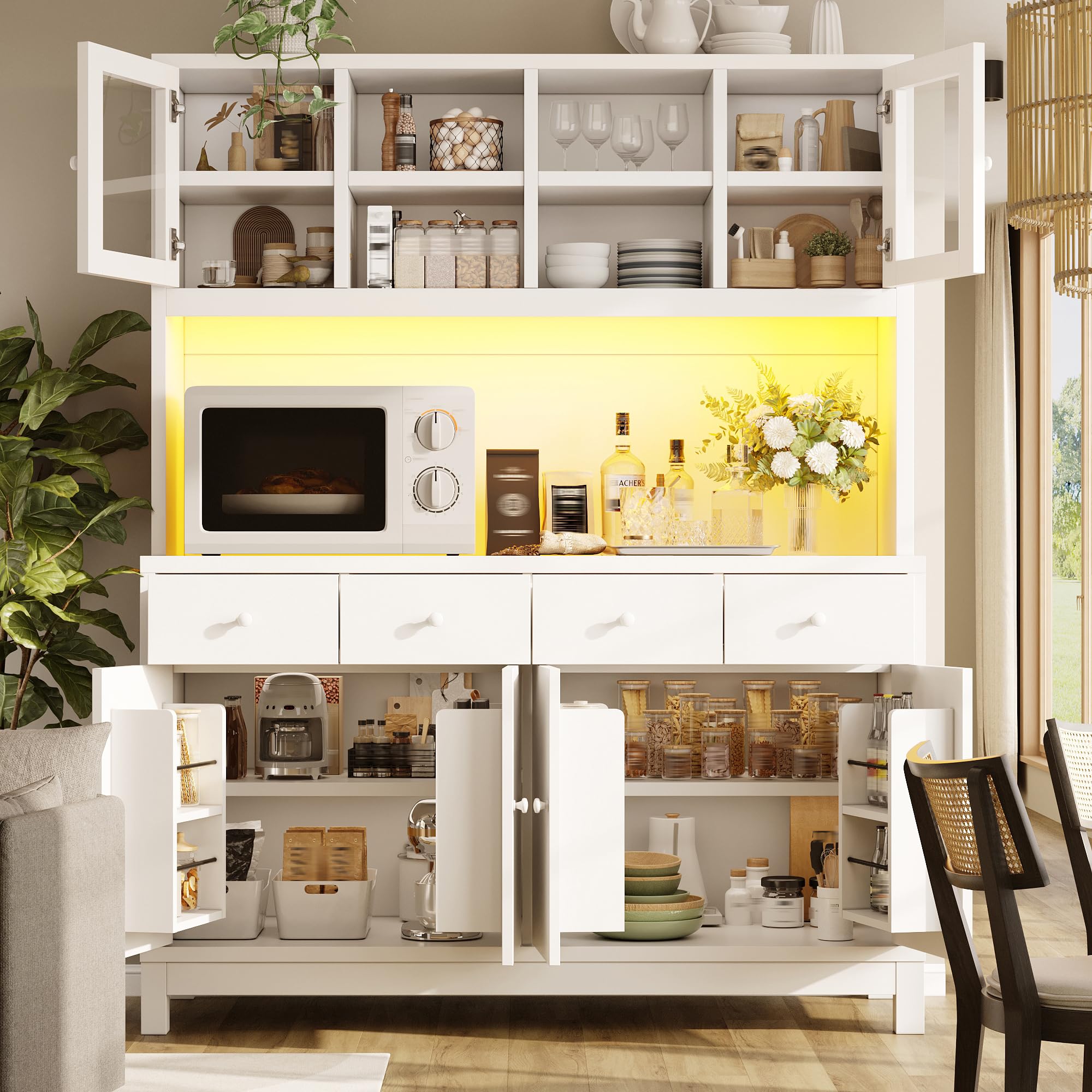 Szafa bufetowa 140 x 38,5 x 180 cm z sterowaną aplikacją RGB LED, szklane drzwi i 4 szuflady, regulowane półki, wygląd naturalnego drewna, obciążenie do 100 kg