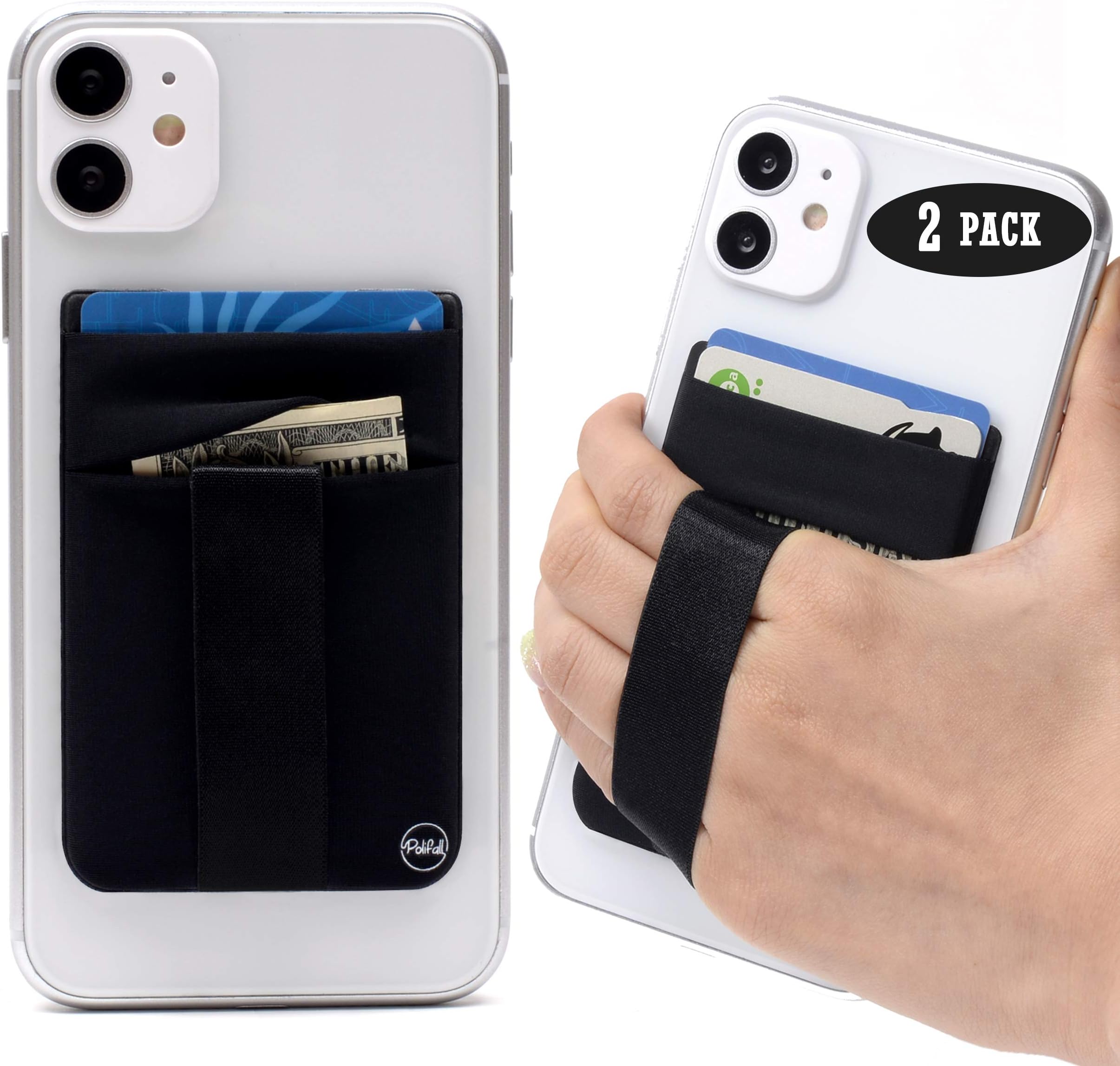 Cell Phone Stick On Wallet Card Holder Sleeve Back - Double Pocket + Finger Grip Strap Loop for iPhone, Galaxy, Android, Mobile - Black