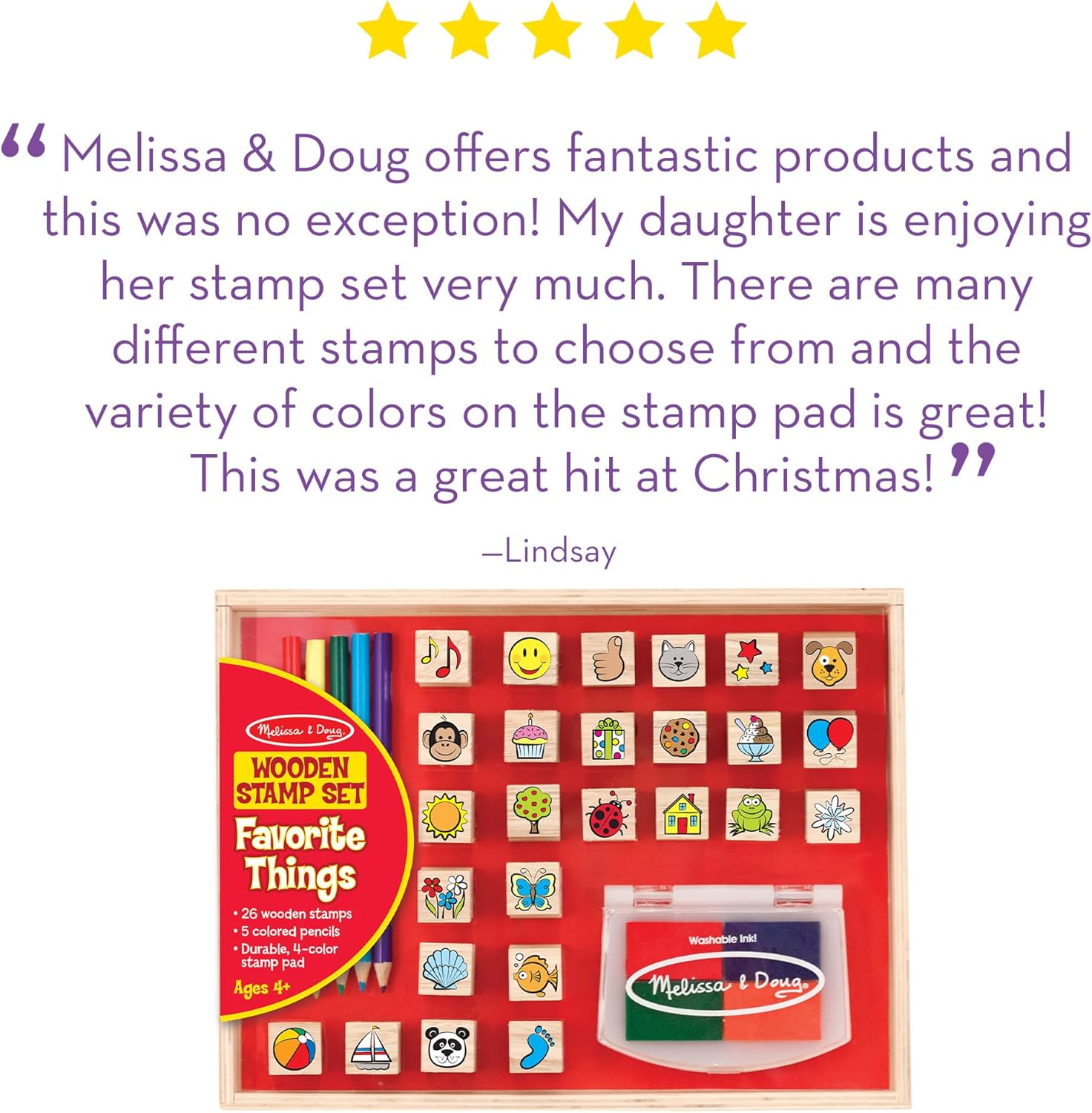 Melissa & Doug Wooden Stamp Set, Favorite Things - 26 Wooden Stamps, 4-Color Stamp Pad - Image 6