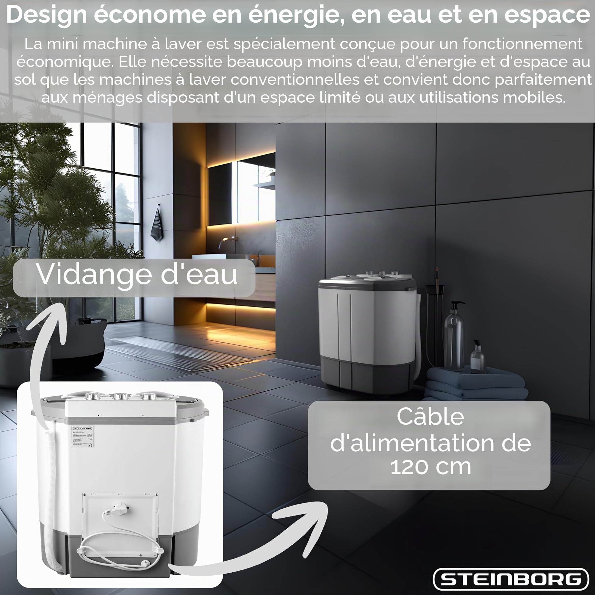 Steinborg Mini machine à laver avec essoreuse – 2 compartiments Toploader, capacité de lavage jusqu'à 3 kg, chambre d'essorage jusqu'à 1 kg, machine à laver compacte idéale pour le camping, les
