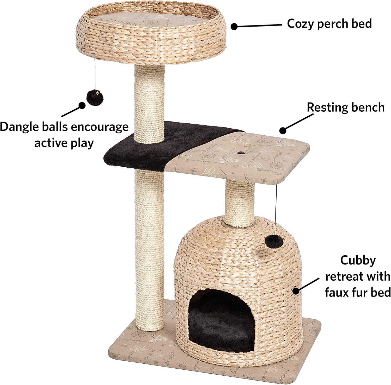 review MidWest Homes for Pets Cat Tree | Nest Cat Furniture, 3-Tier Cat Activity Tree w/ Sisal Wrapped Support Scratching Posts & Dangle Play Balls, Woven Rattan & Script Medium Cat Tree