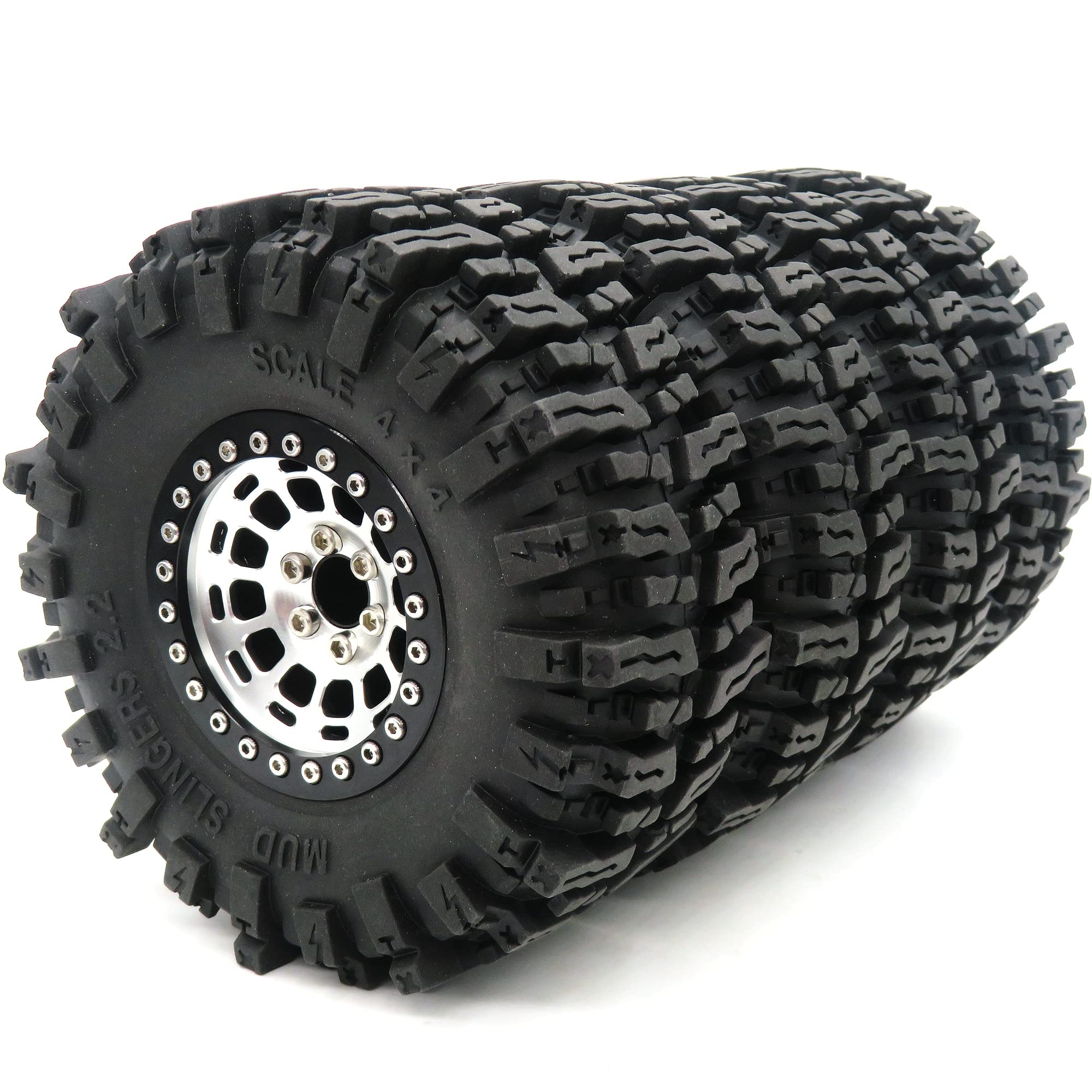 HOBBYSOUL 2.2 Beadlock Wheels and Tires Height 4.88'', 2.2 Mud Slingers Tires & 2.2 Wheels Silver Black for Gen8 Everest gen 7 Pro/Axial Capra Wraith
