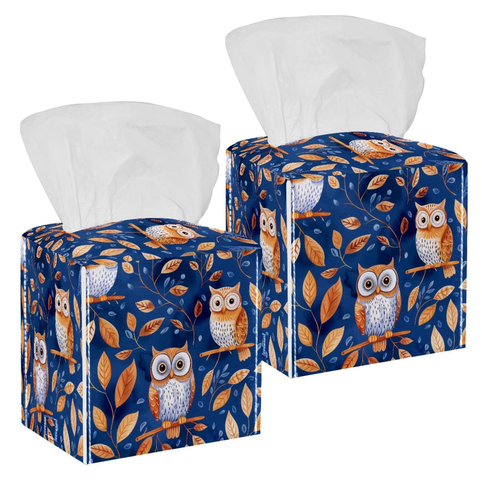 Cute Owl Tissue Box Cover, 2 Pack PU Leather Square Facial Tissue Dispenser Box holder for Home Office Car