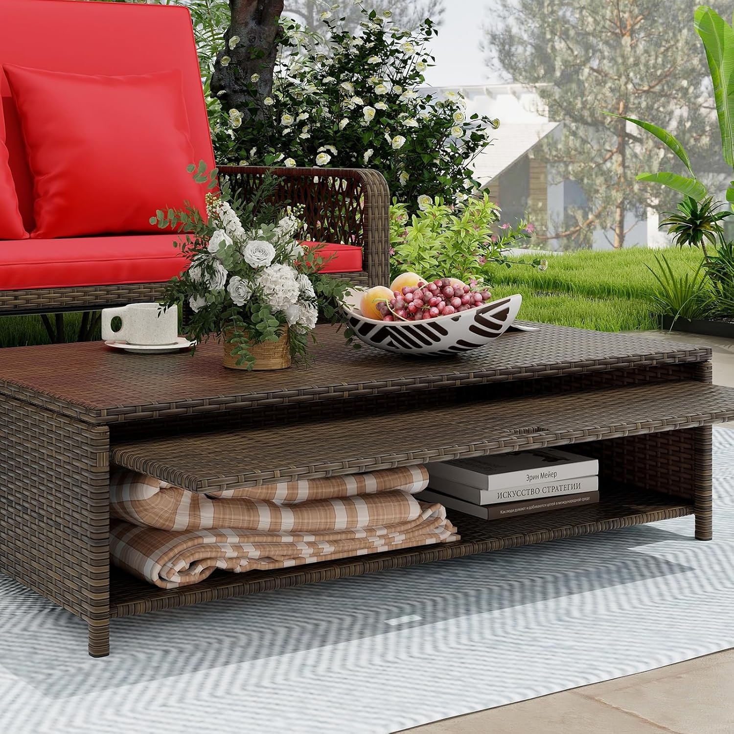 LDAILY Moccha Outdoor Daybed, PE Rattan Double Chaise Lounge w/ 4-Level Adjustable Back, Storage Ottoman, Cushions & Pillows, Separated Seating, Wicker Sunbed for Garden Patio Furniture Set (Red)