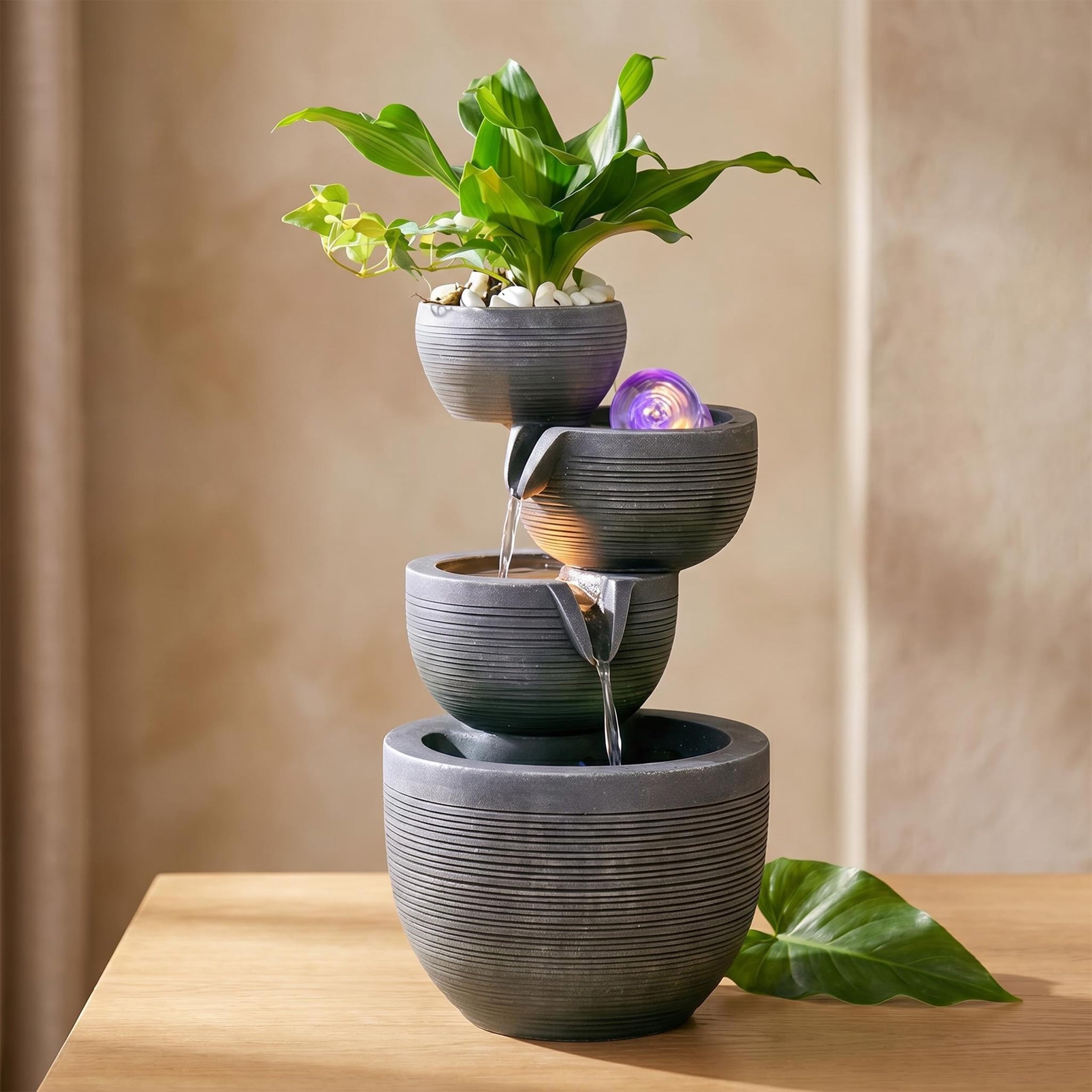 Zimmerbrunnen Wasserfall mit Blumentopf Tischbrunnen Klein | mit Farbwechsel LED Beleuchtung Springbrunnen Kaskade Brunnen-Dekorationen für Wohnzimmer Zimmer Schlafzimmer Büros