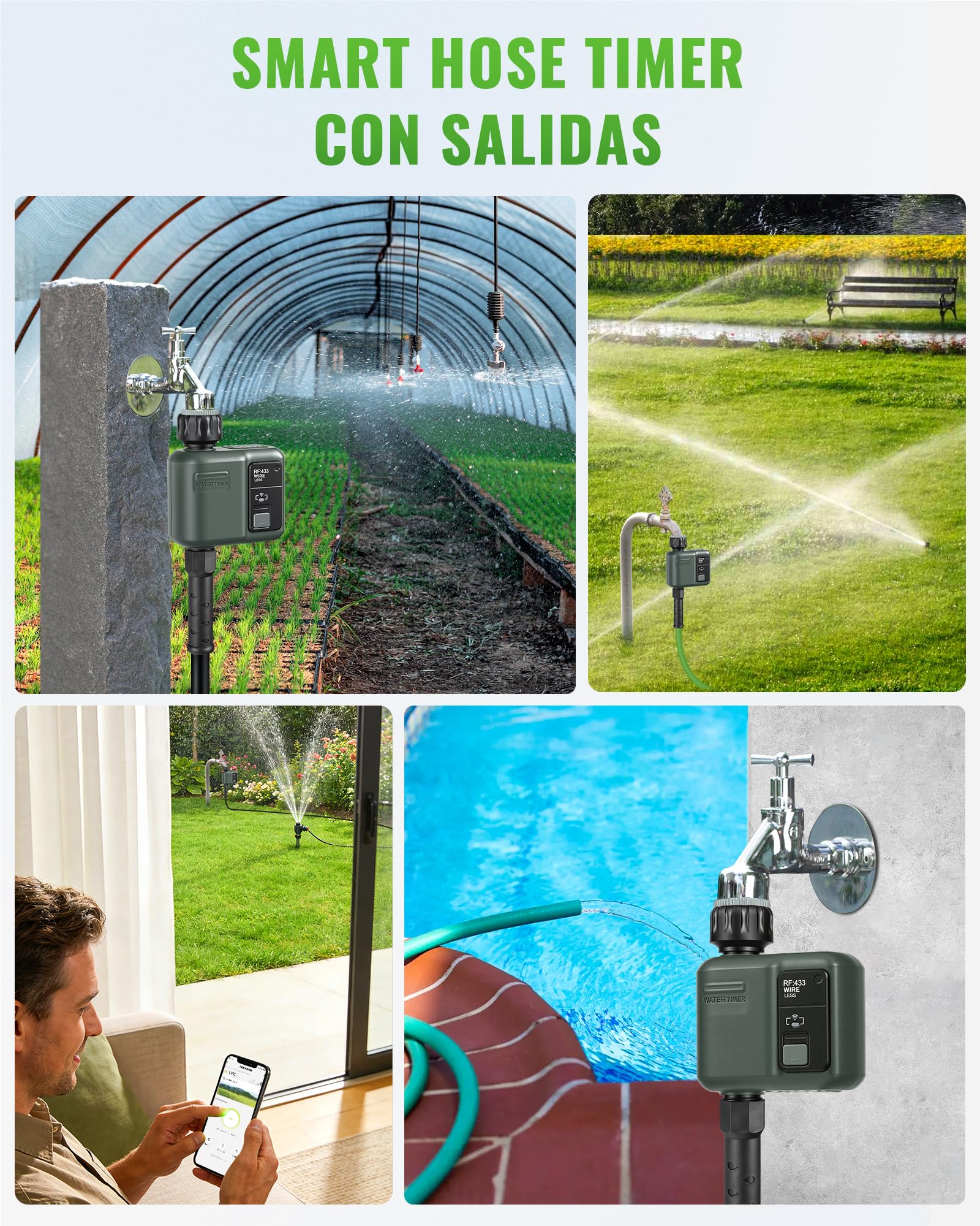 Ordenador de Riego WiFi, Temporizador de Manguera, Programador de Aspersores, Riego Inteligente, Modo Automático y Manual, Alcance 300 m, para Jardín, Césped, Terraza, Verde Oscuro ZD31WTD06