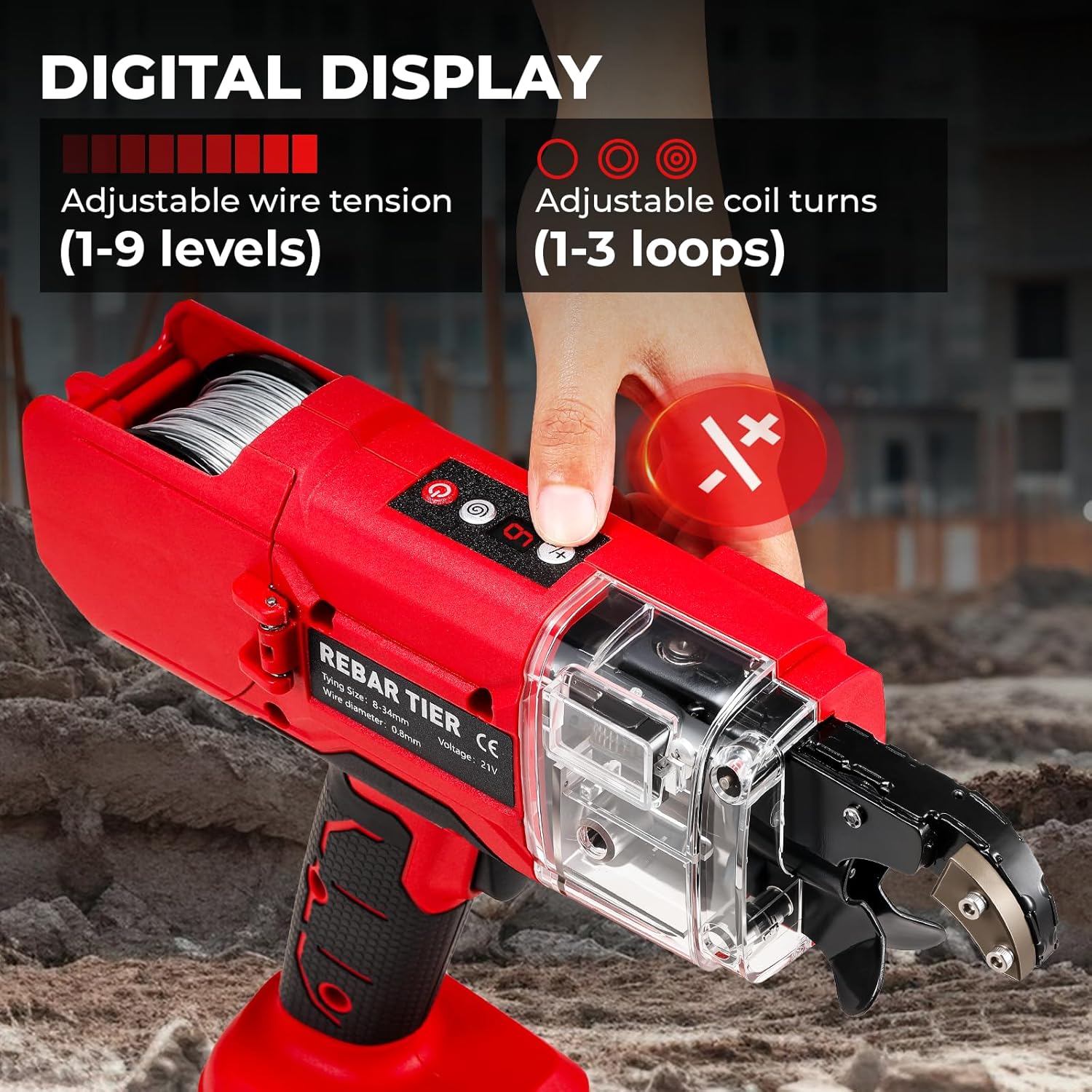Rebar Tying Machine, Automatic Rebar Tie Gun, Electric Cordless Wire Twister Tool, Battery Powered 1-9 Tightness Adjustable for Φ 0.3" to 1.3" Rebars