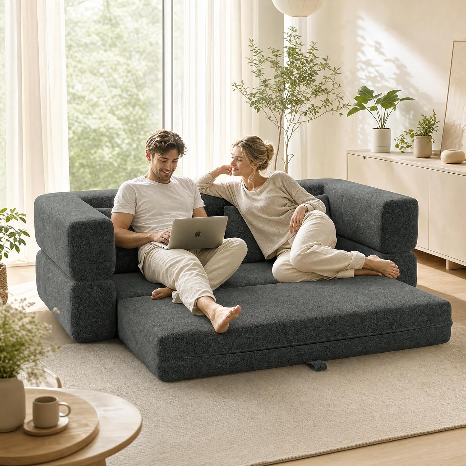 HAUSPROFI 3 in 1 Boneless Couch, Bodensofa Bed, Klappbares Sofa mit Schlaffunktion 2 Sitzer Chenille Schlafsesse für Schlafzimmer, Wohnzimmer und kleine Räume (Dunkelgrau)