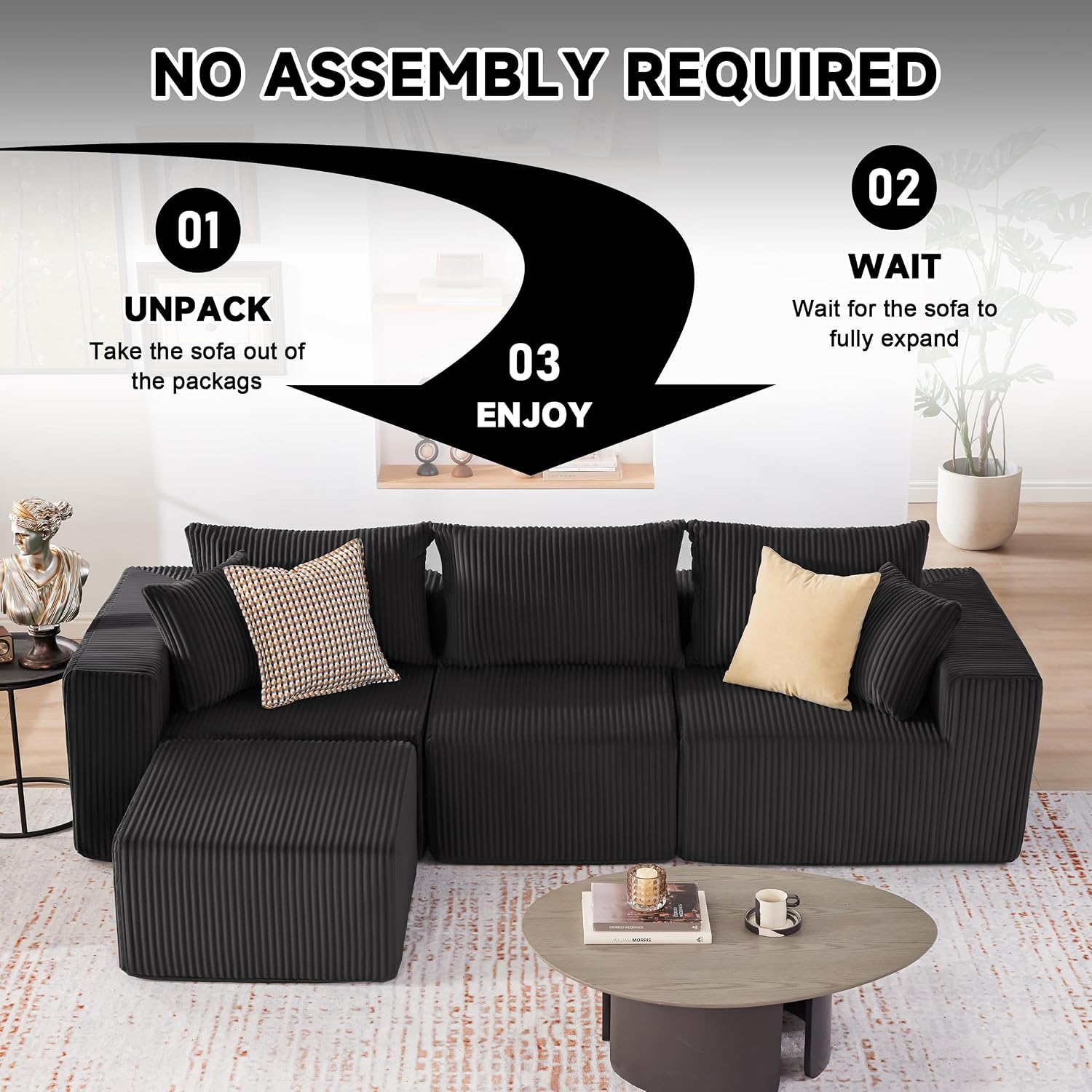 107.4" Black Modular L-Shaped Cloud Couch Deep Seat Plush Corduroy 4-Seat Convertible Sectional