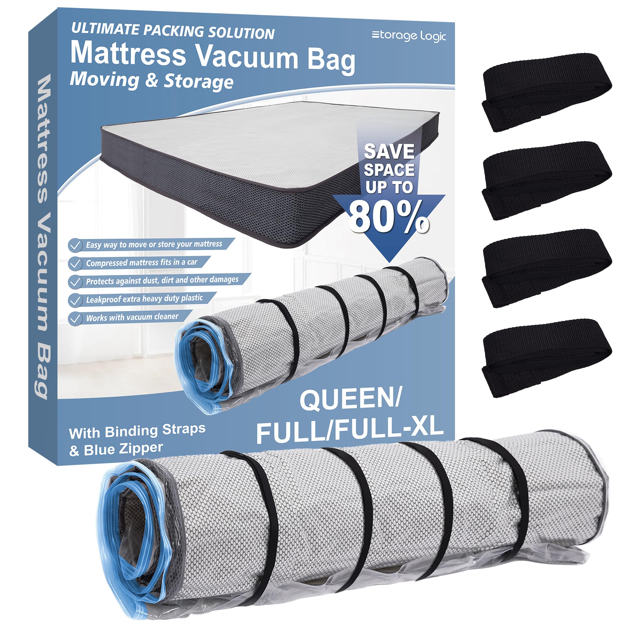 Storage Logic Foam Mattress Vacuum Bag with Blue Zipper, Mattress Storage Bag, Straps Included, Queen/Full/Full-XL