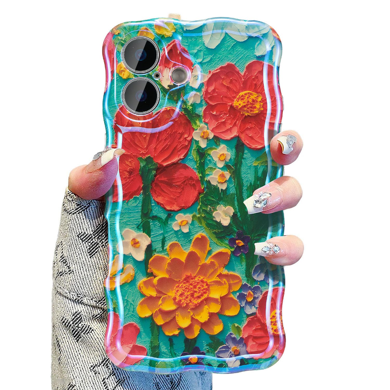 UEEBAI Case For IPhone 16e, Colorful Retro Oil Painting Flower Case Pretty Glossy Pattern Wave Cover Cute Sparkly Floral Curly Cover Stylish Shell For Women And Girl, Yellow Flower - View #3