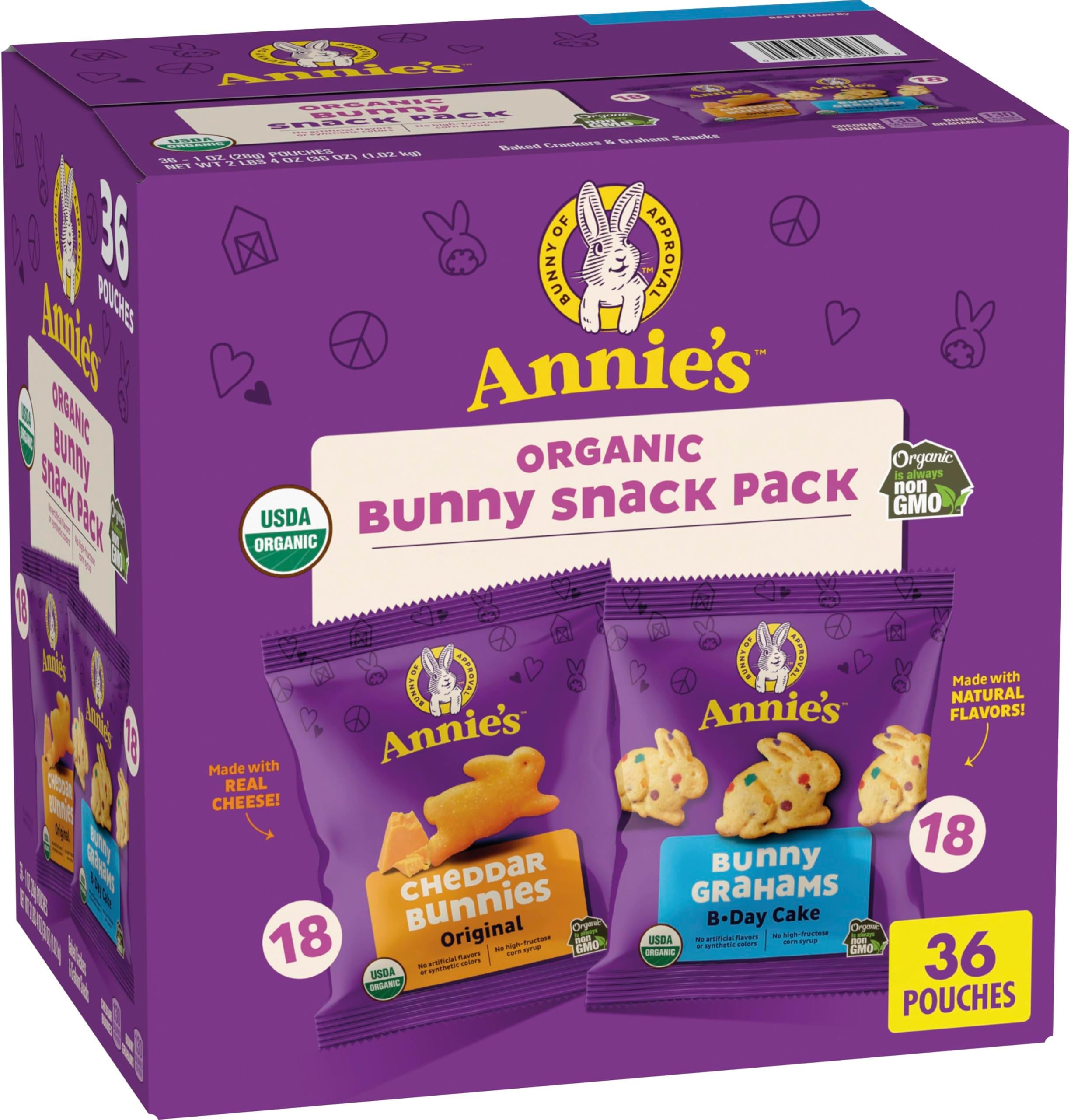 Annie's Organic Snack Pack, Cheddar Bunnies Crackers and Birthday Cake Bunny Grahams, 36 Ct, 36 oz