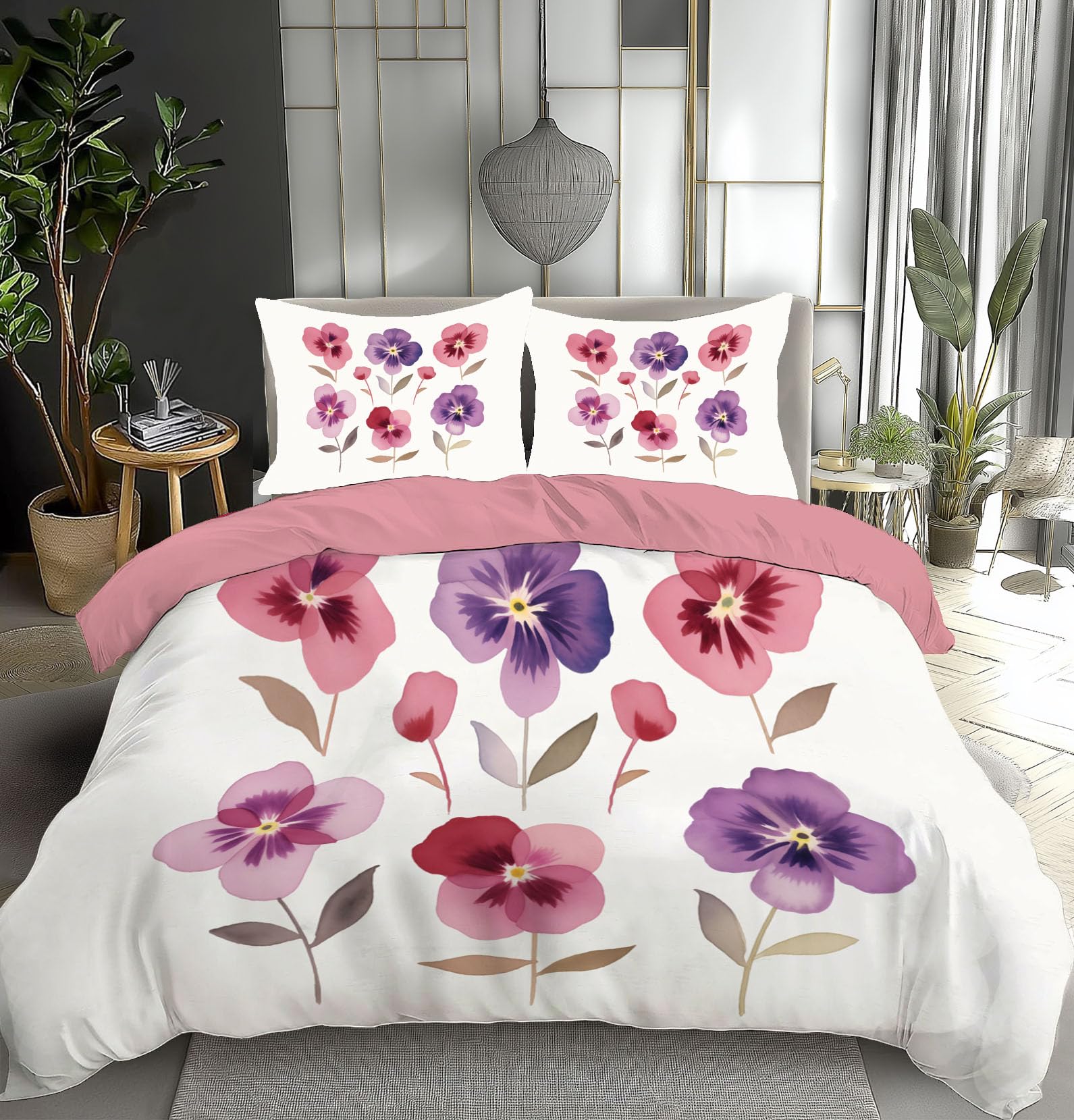 Parure de couette aquarelle fleurs linge de lit blanc brillant matelassé toutes saisons