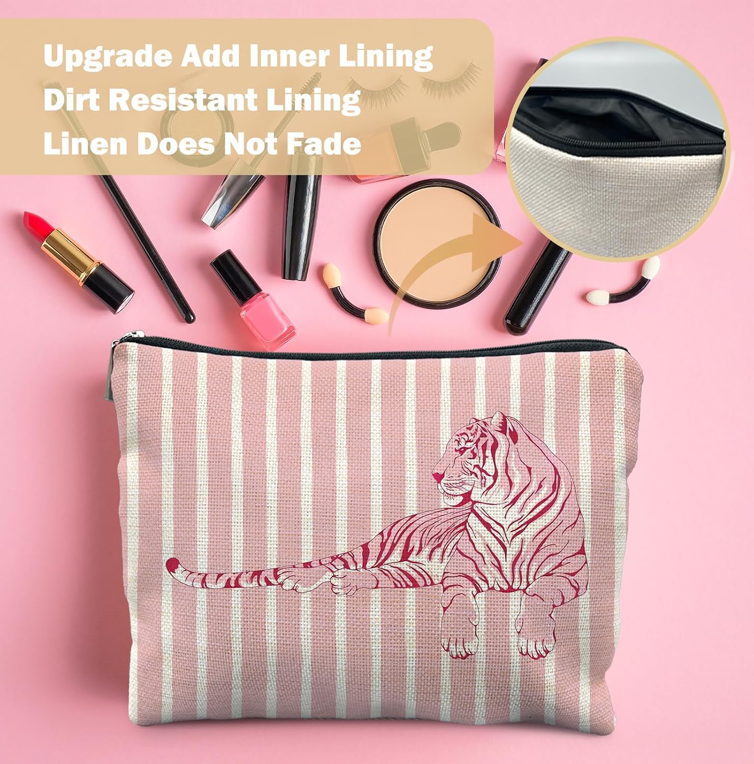Pink Tiger Makeup Bag for Women,Gifts for Tiger Lovers - Cosmetic Bags,Small Trendy Aethetic Animal Lovers Gift Zipper Makeup Bag Pouches for Purse image 3
