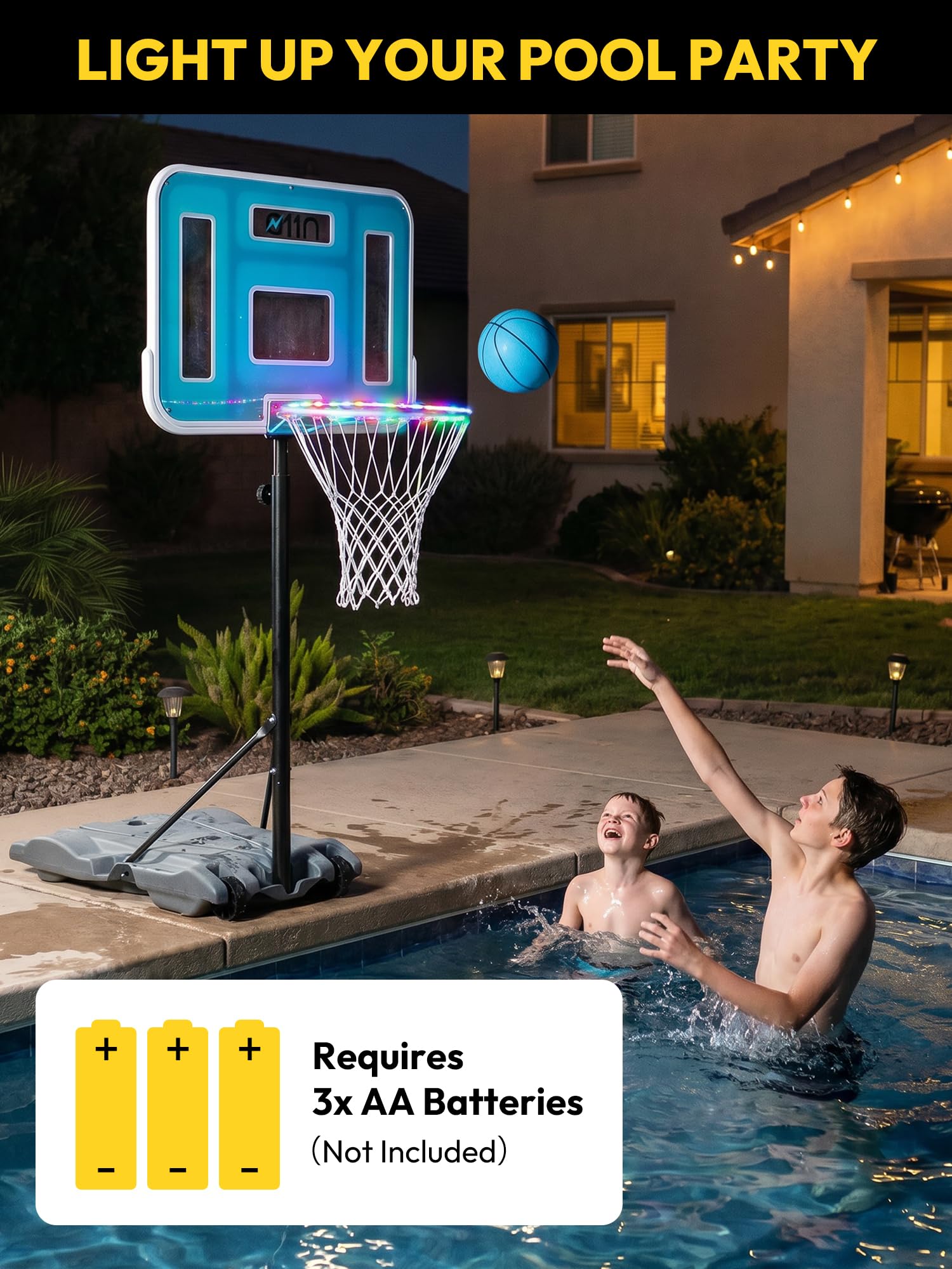 A11N Sports Pool-Basketballkorb mit 41,9 cm LED-Rand, verstellbare Höhe, PET-Rückwand, stabiler Boden, Ball und Pumpe im Lieferumfang enthalten – Wasser-Basketballspiel für Pool-Spielen