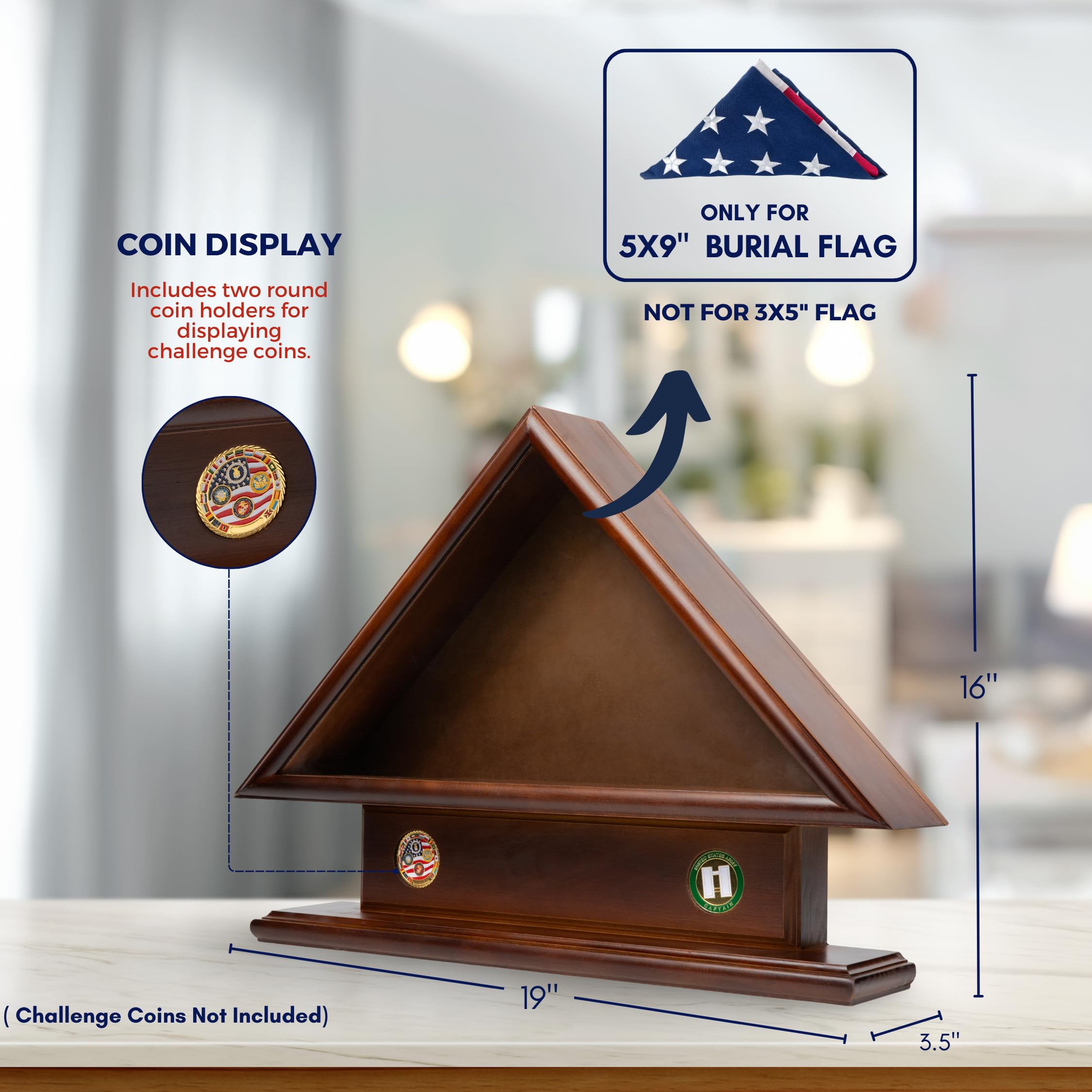 DECOMIL- 5x9 Flag Display Case Shadow Box with Base, Cherry Finish, Name Plate Space, Solid Wood (with 2 Coin Holder Slot)