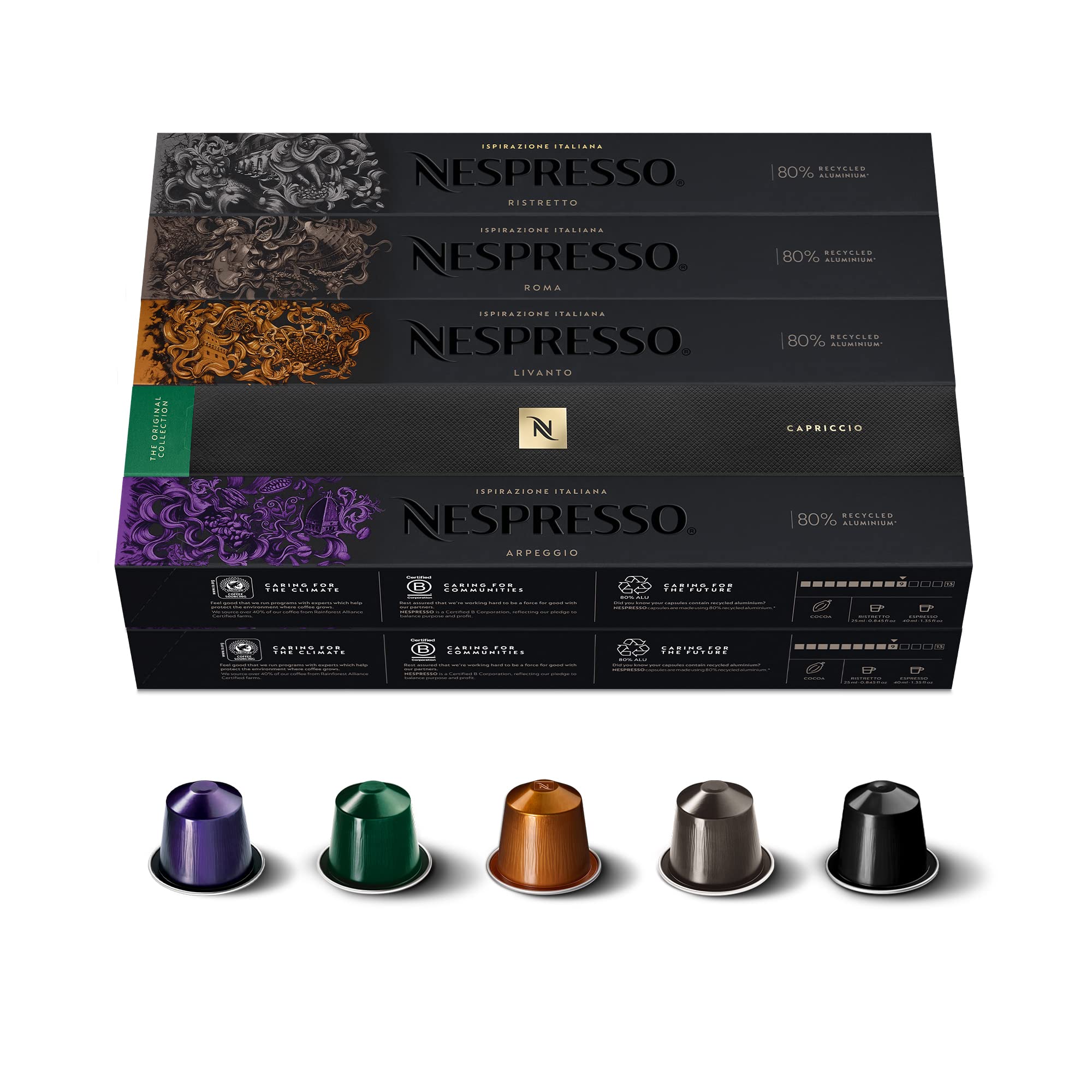 Nespresso Original Cápsulas de Café, 100 Cápsulas de Café,(20 Arpeggio, 20 Capriccio, 20 Livanto, 20 Roma & 20 Ristretto) para Cafetera
