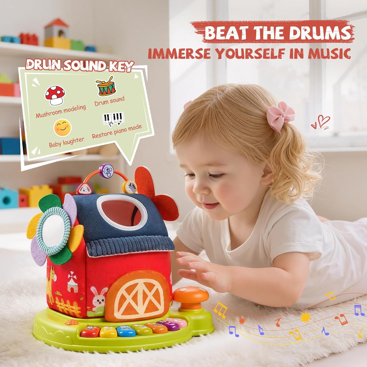 Musical Stuffed Farm Animals Barn Toys for Toddler 1-3, Baby Toddler Toys for 1 2 3 Year Old, Surprise Barn with 7 Animal, 4 Mode & LED Lights, Montessori Sensory Toys for 1 2 3 Year Old Boys Girls