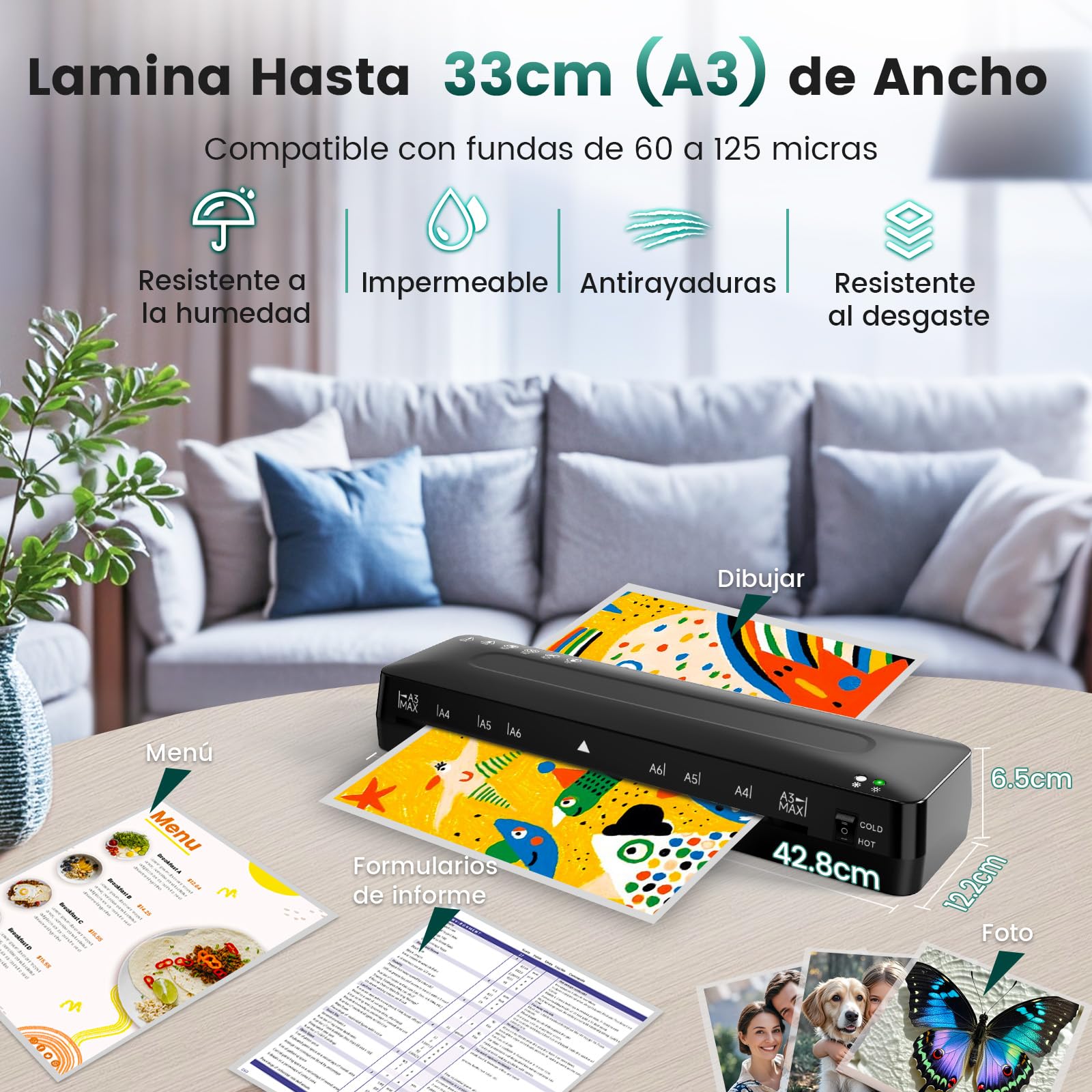 Plastificadora A3 Máquina de Laminadora - 5 en 1 Plastificadora A3 y A4 con Guillotina A3 A4 A5 A6 en A3 Plastificadora Modo Frío y Caliente, Redondeador de Esquina y Bolsas para Colegio Oficina Hogar