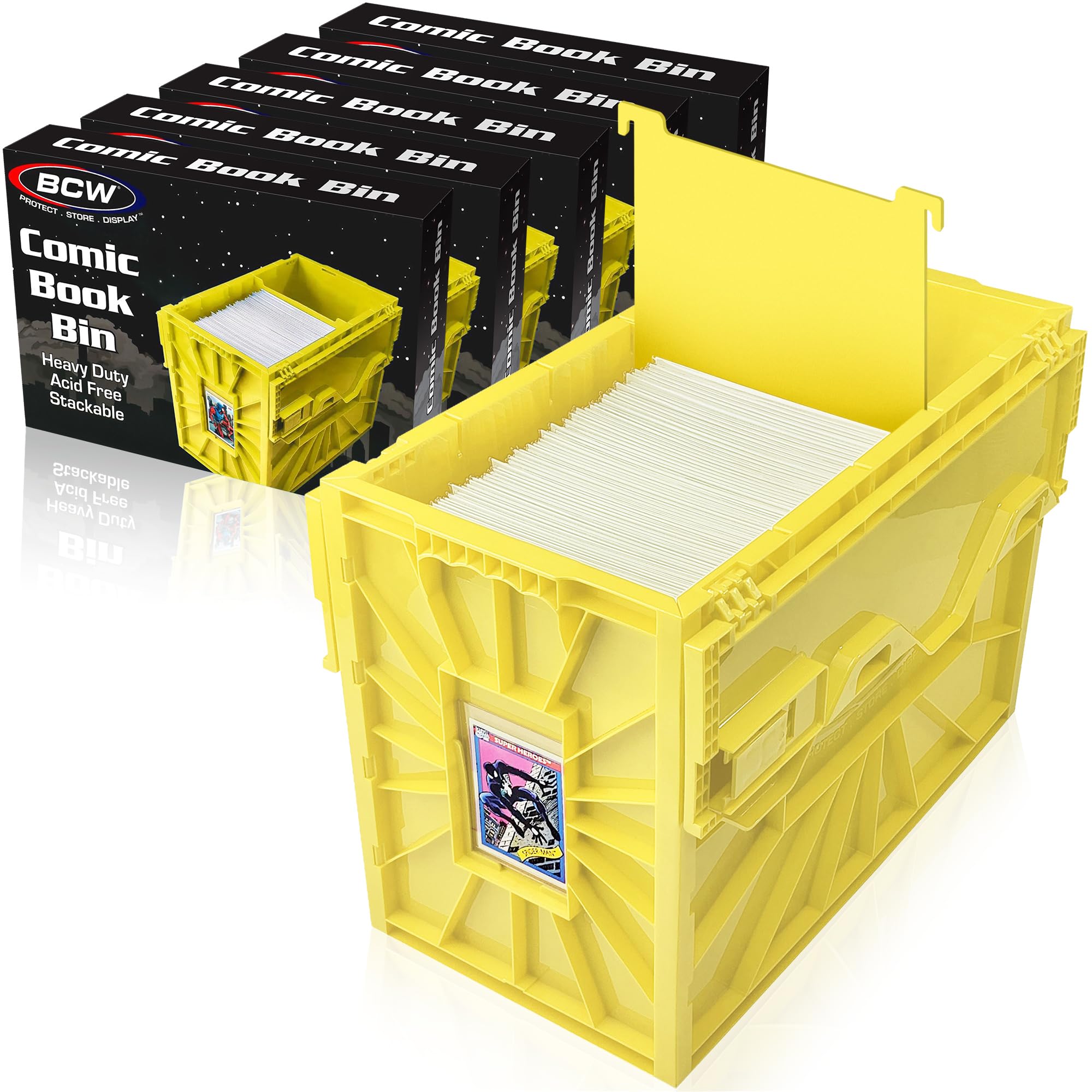 BCW Short Comic Book Bin | Holds 150 Comics | Stackable Plastic Storage | Acid-Free Organizer | Yellow, 5 Pack