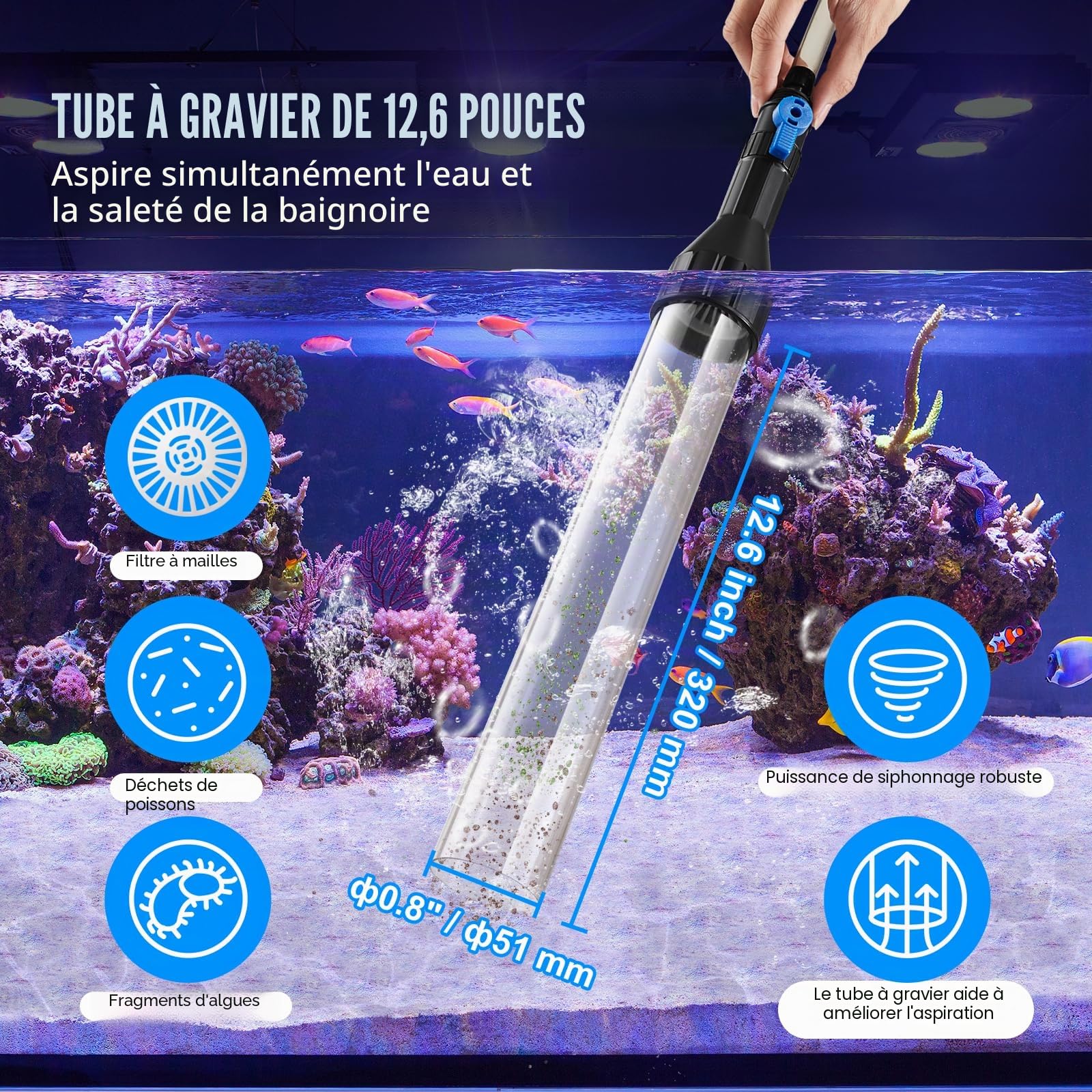 VEVOR Aspirateur à Gravier pour Aquarium, avec Tuyau en PVC de 10,1 m, Nettoyeur de Gravier à Siphon pour Aquarium, 3 Types d'adaptateurs en Laiton, pour Nettoyer Le Gravier et Le Sable d'aquarium